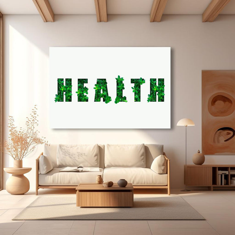 Wandbild - Wort HEALTH aus grünen Blättern in modernem Wohnzimmer im Loft-Stil