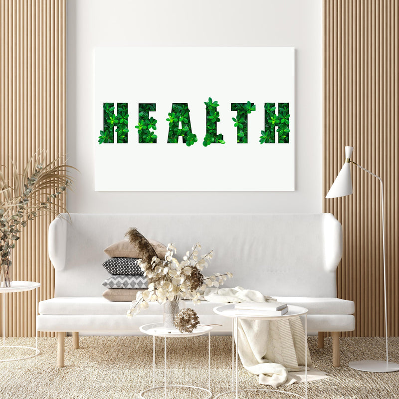 Wandbild - Wort HEALTH aus grünen Blättern in extravagant gestaltetem Raum mit minimalistischer Couch-quadratisch