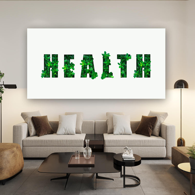 Wandbild - Wort HEALTH aus grünen Blättern über Urban-Stil Couch hinter futuristischem Tisch