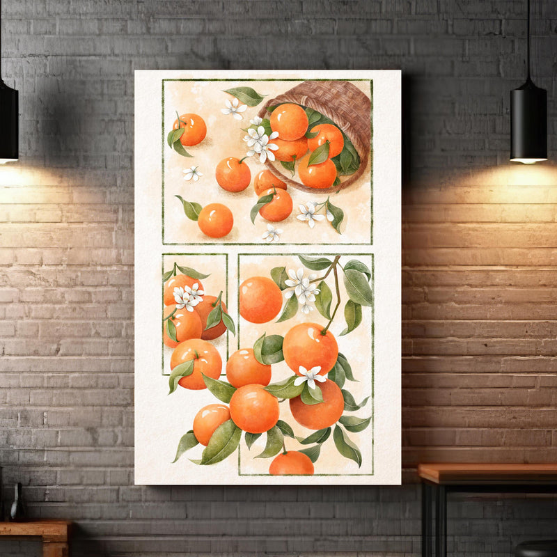 Wandbild - Zitrusfrüchte - Orange zwischen extravaganten Hängelampen und Holztischen Zoom