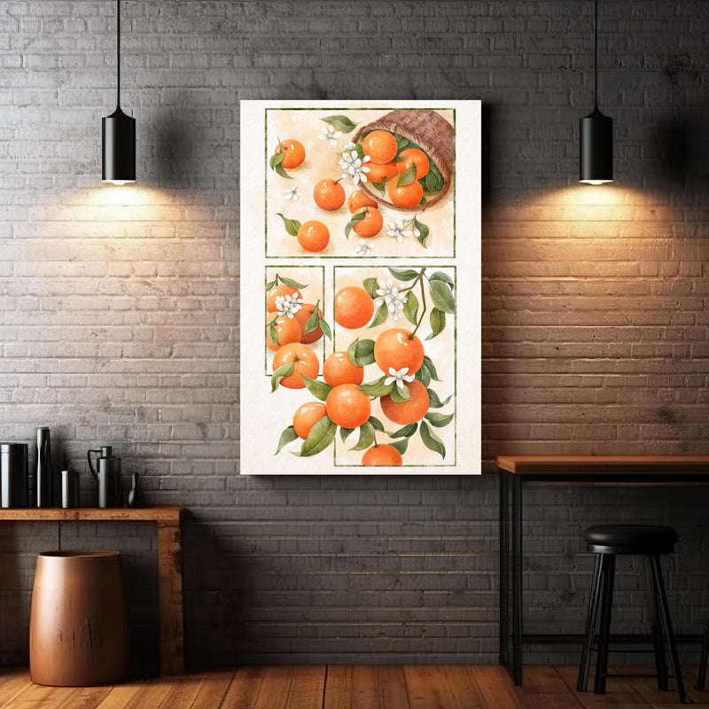 Wandbild - Zitrusfrüchte - Orange zwischen extravaganten Hängelampen und Holztischen