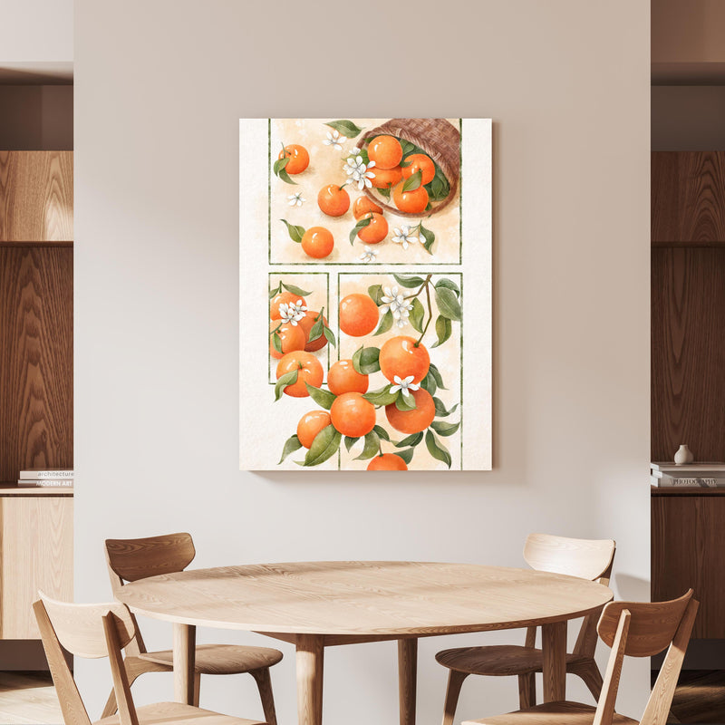Wandbild - Zitrusfrüchte - Orange an beiger Wand hinter handgeschnitztem Holztisch 