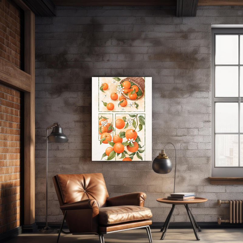 Wandbild - Zitrusfrüchte - Orange über geschmackvollem Sessel an rustikaler Ziegelwand
