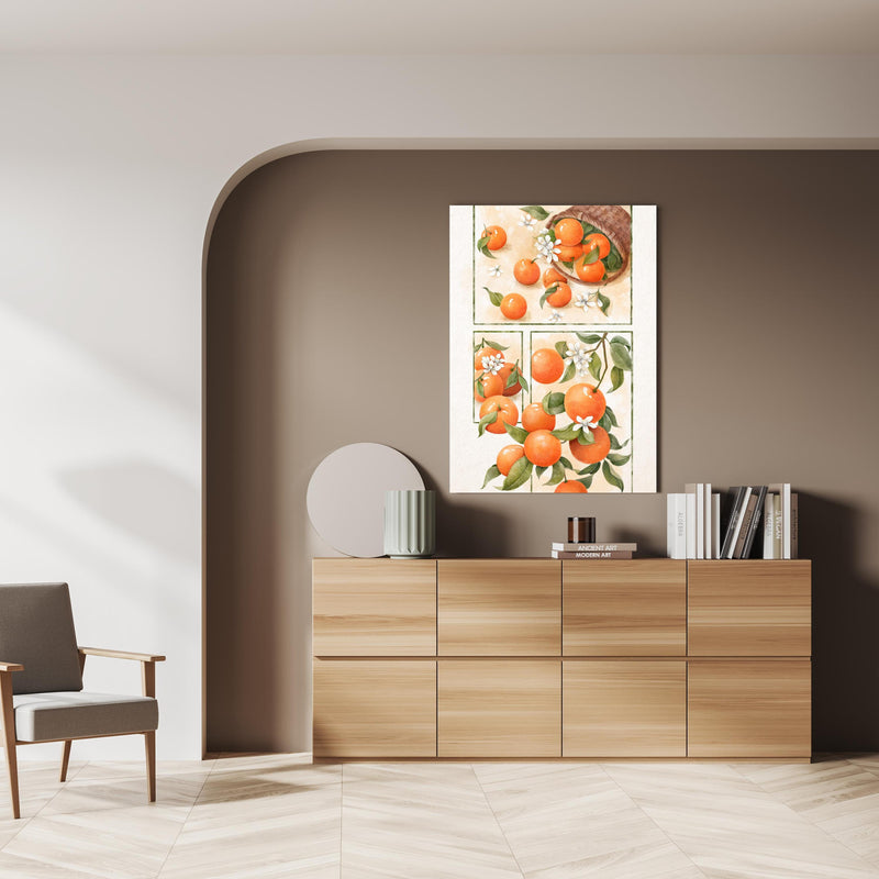 Wandbild - Zitrusfrüchte - Orange über doppelter Holzkommode mit Vase und Büchersammlung