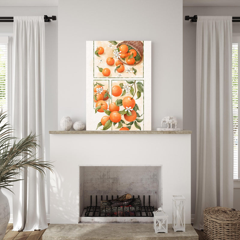 Wandbild - Zitrusfrüchte - Orange über edlem Kamin mit authentischem Altholz