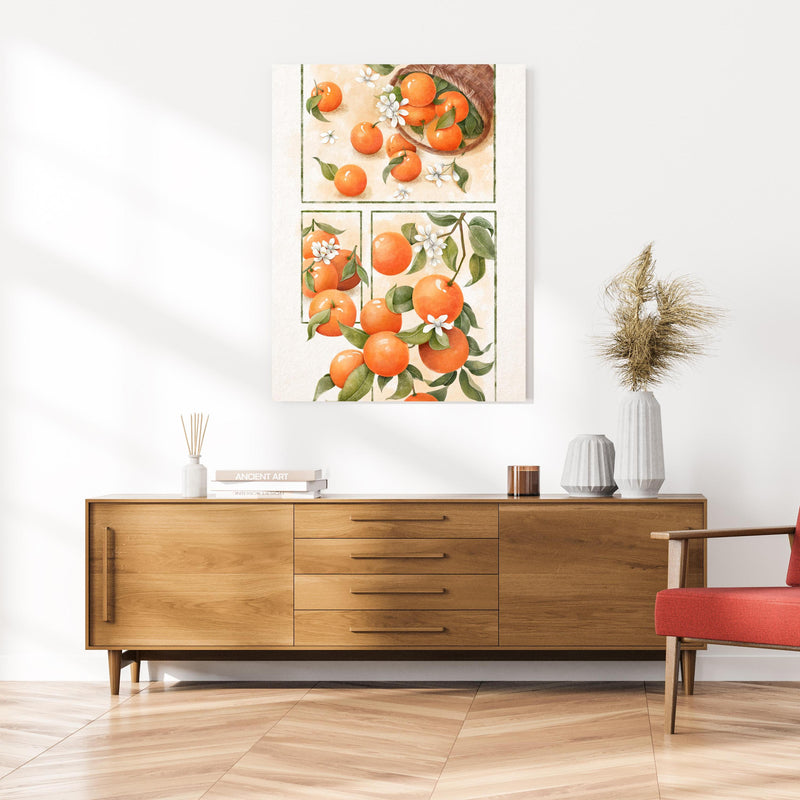 Wandbild - Zitrusfrüchte - Orange an cremefarbener Wand über klassischer Holzkommode