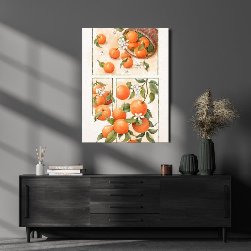 Wandbild - Zitrusfrüchte - Orange über luxuriöser Holzkommode und dunkelgrünen Vasen