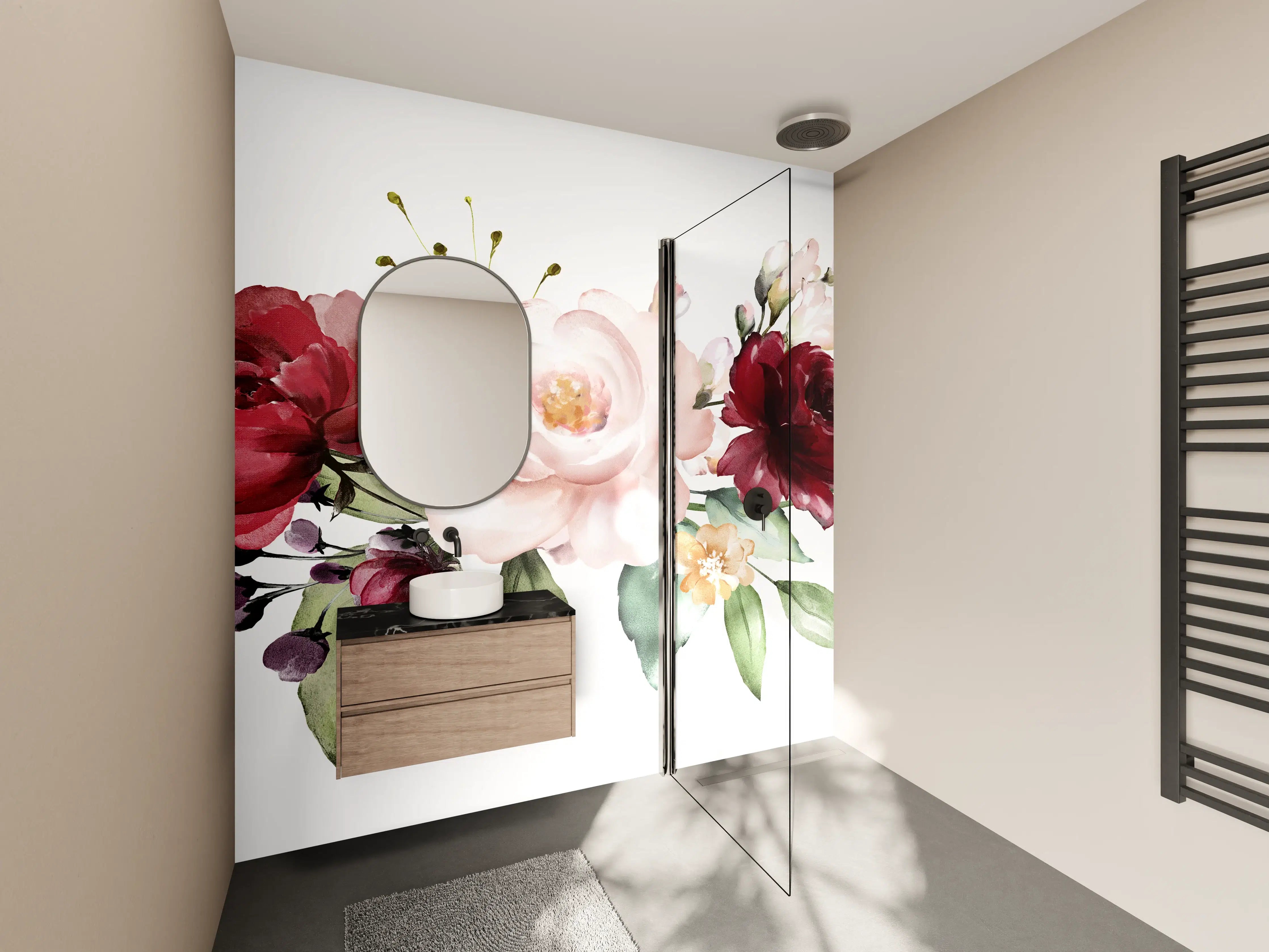 Wandverkleidung Bad -  Aquarell bordeauxfarbene Blumen