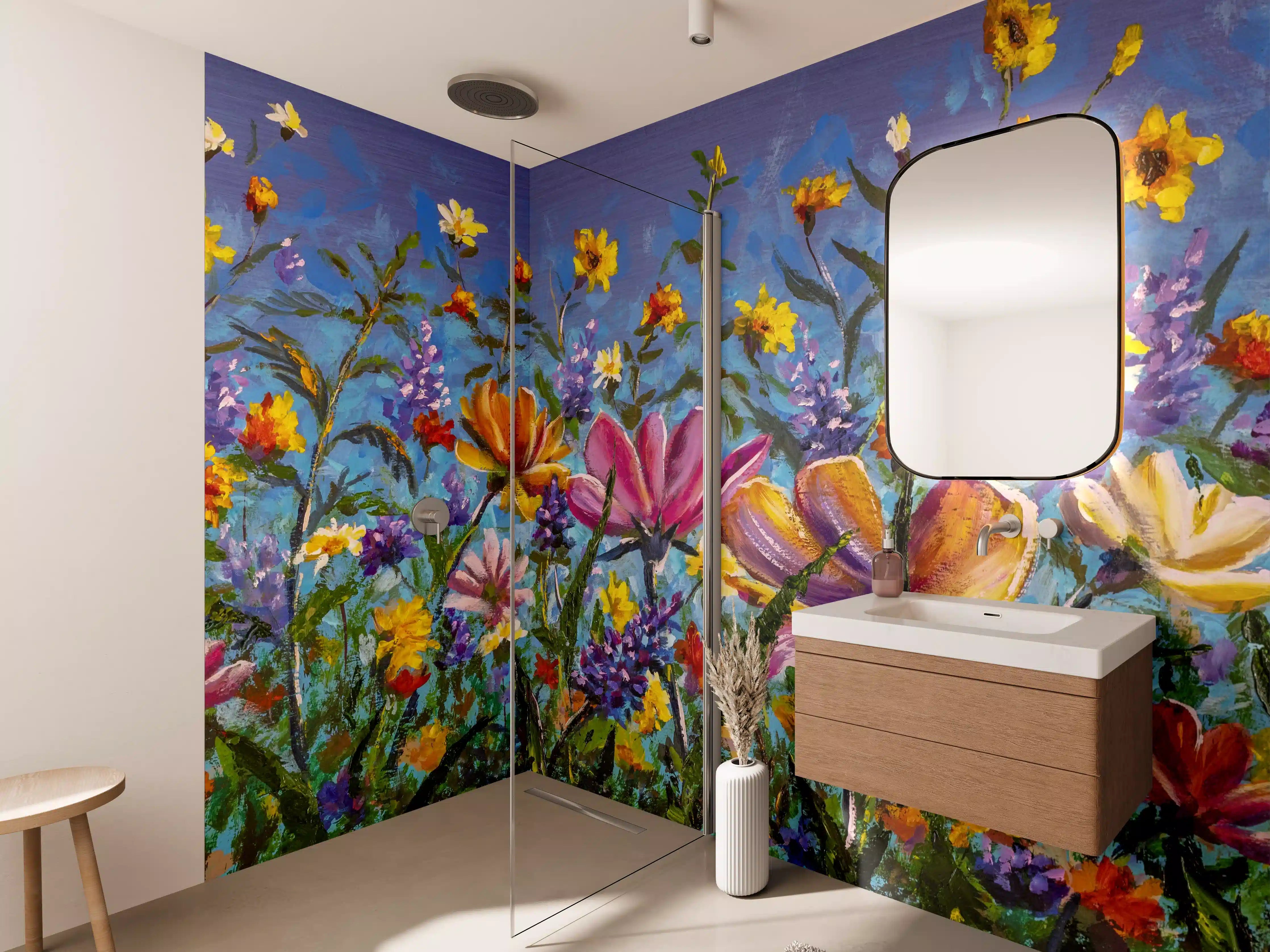 Wandverkleidung Bad -  Bunter Blumenmix Ölgemälde