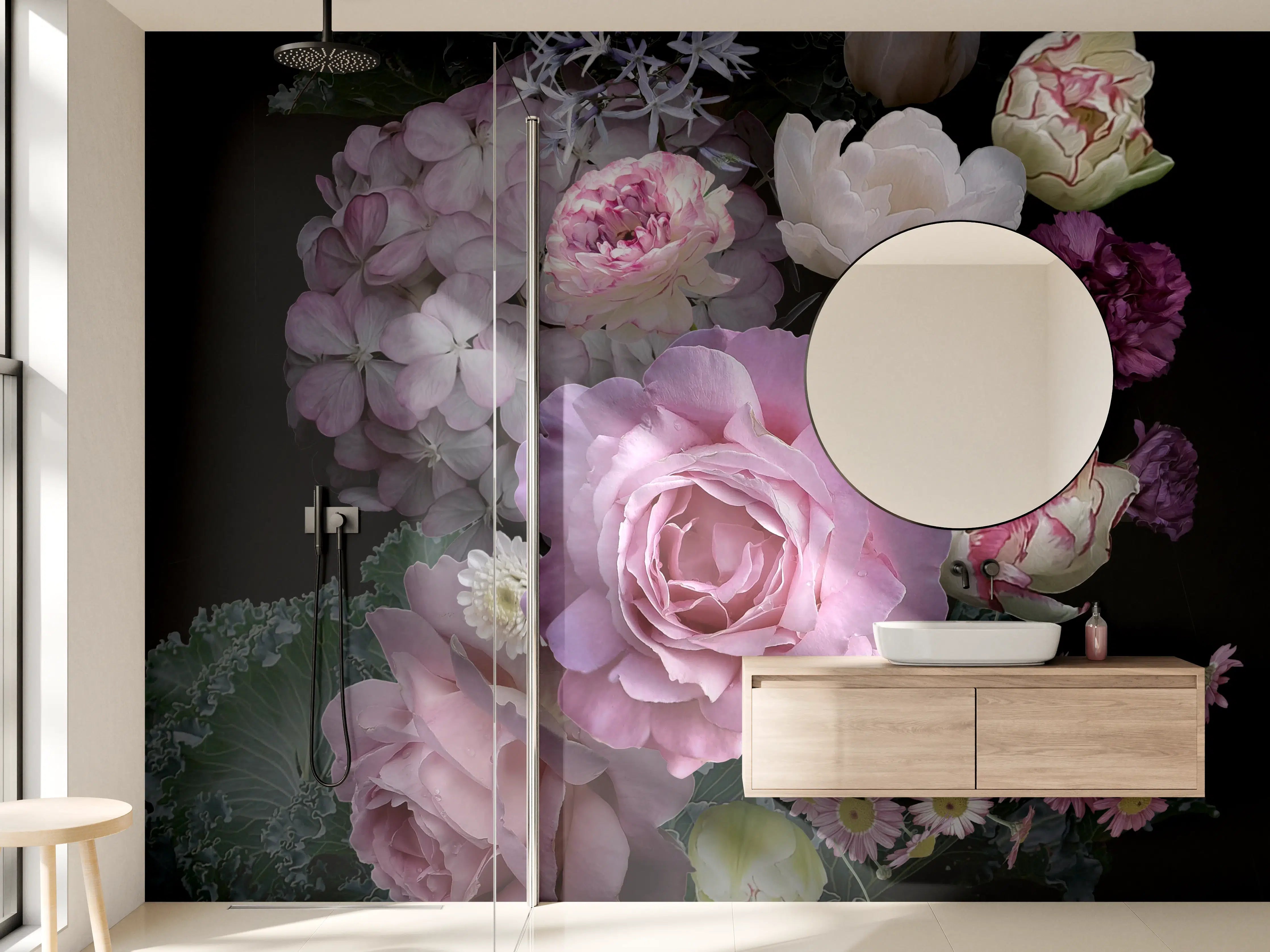 Wandverkleidung Bad -  Garten Blumen mit dunklem Hintergrund