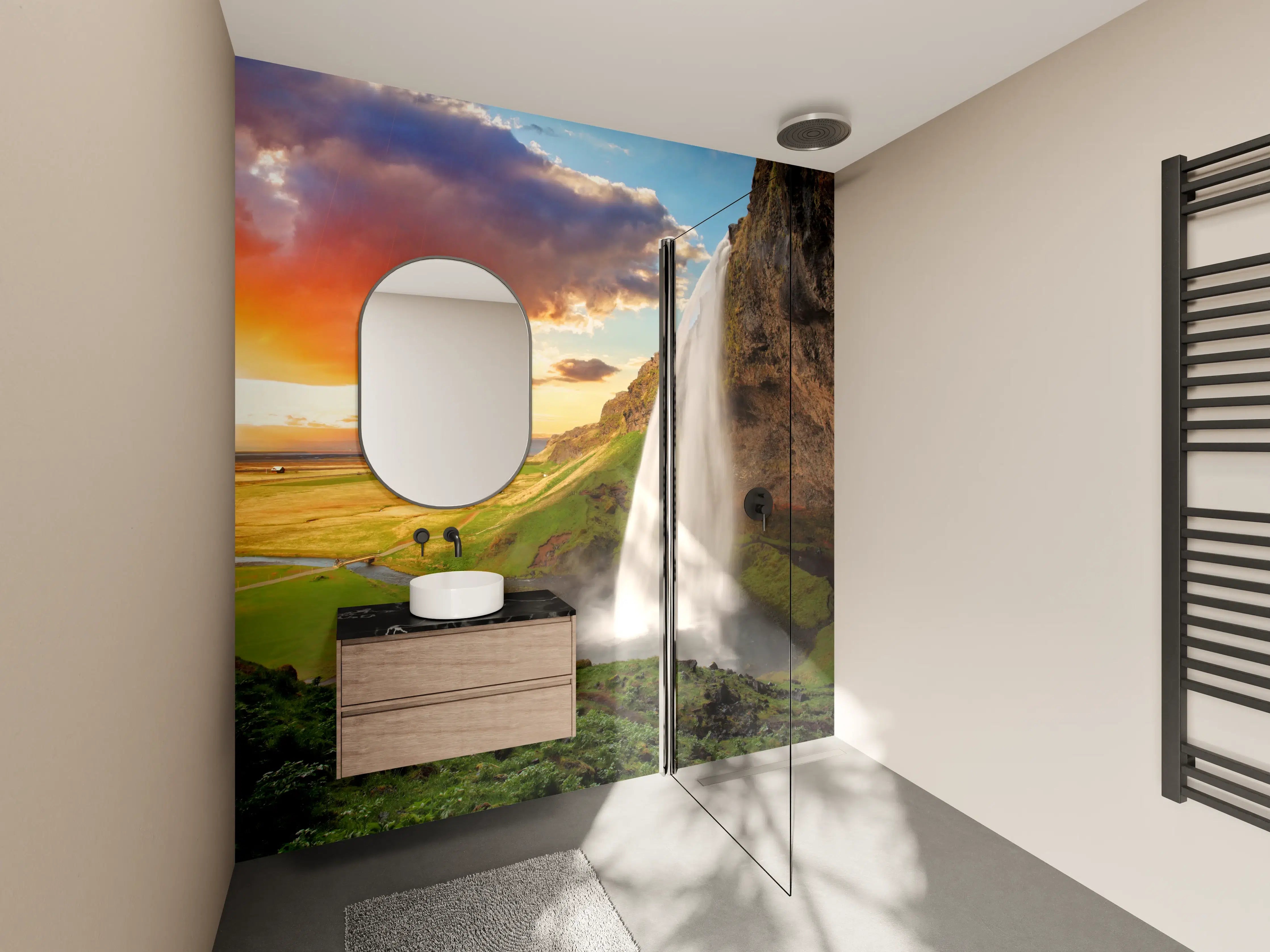 Wandverkleidung Bad -  Seljalandsfoss Wasserfall bei Sonnenuntergang