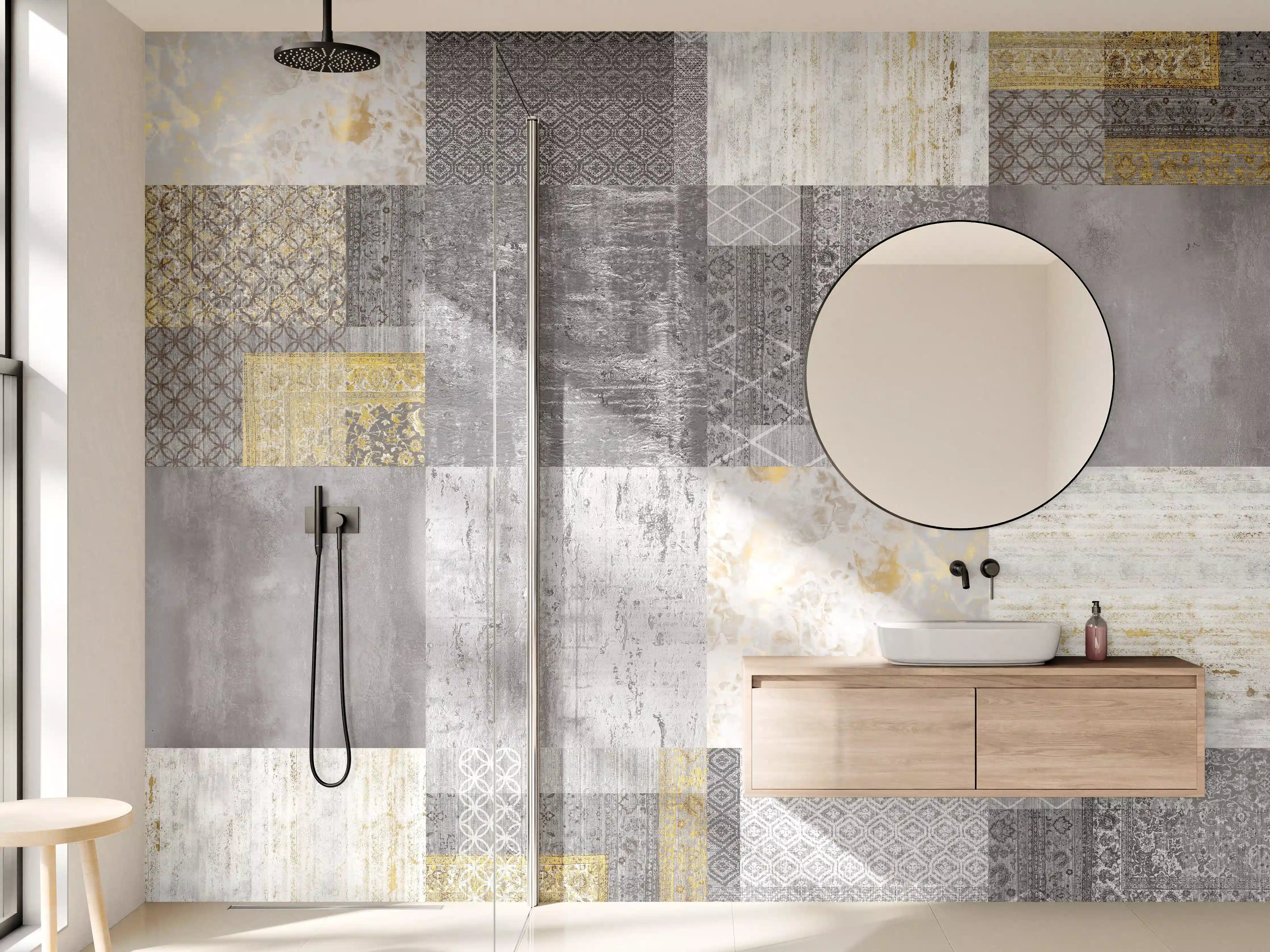 Wandverkleidung Bad -  gräulich gelbes Patchwork