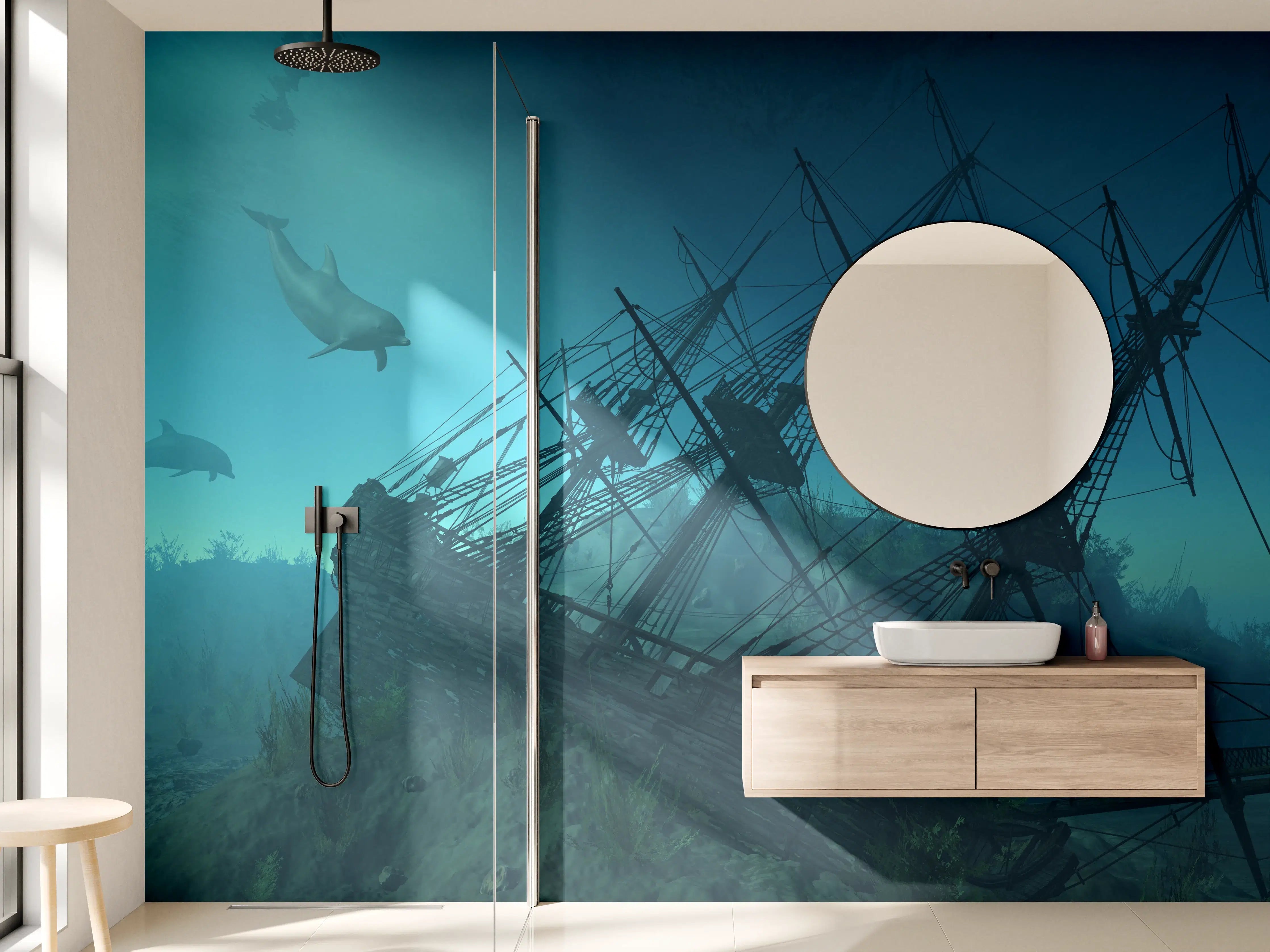 Wandverkleidung Bad -  mystisches Schiffswrack mit Delfinen