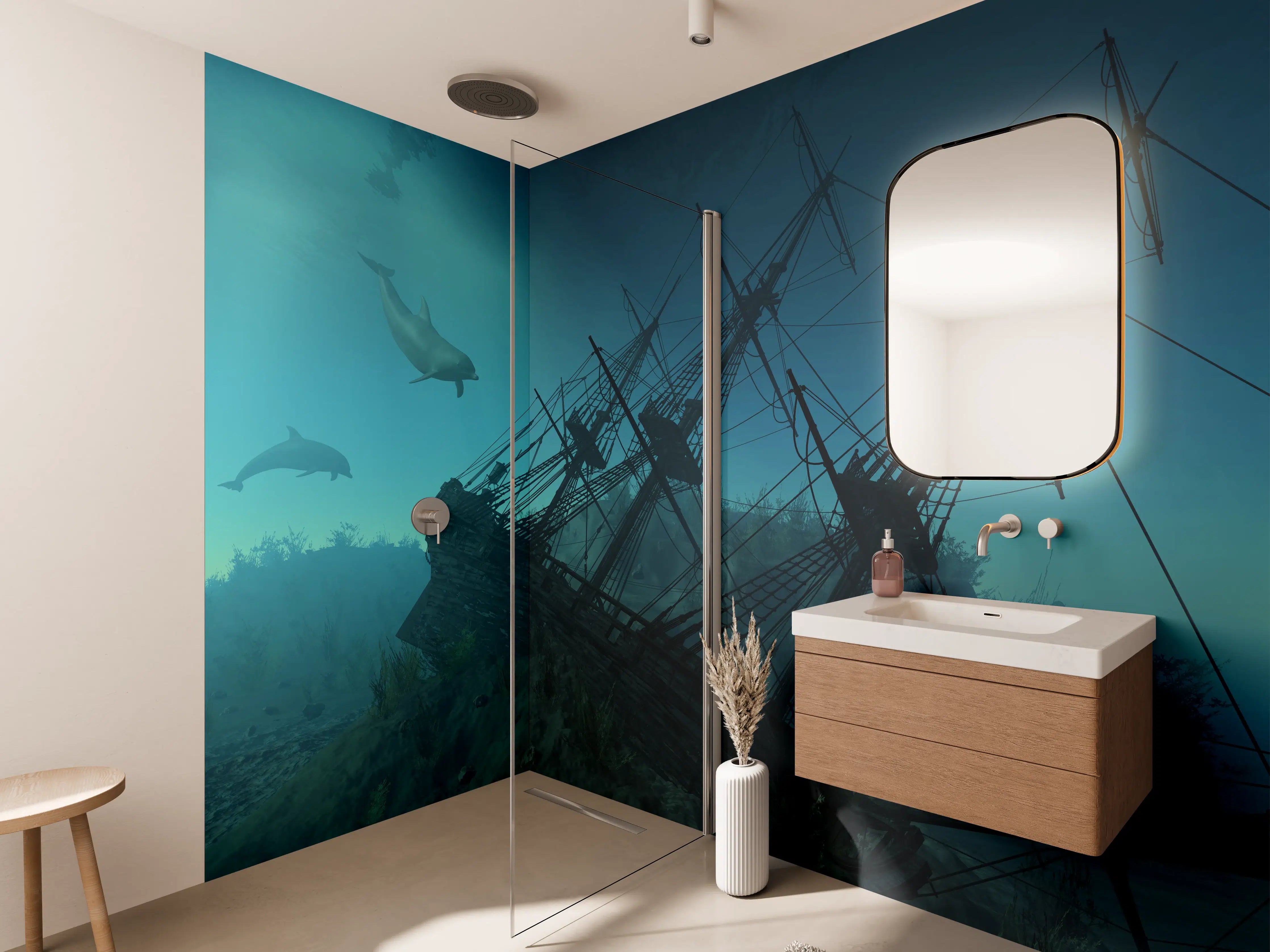 Wandverkleidung Bad -  mystisches Schiffswrack mit Delfinen
