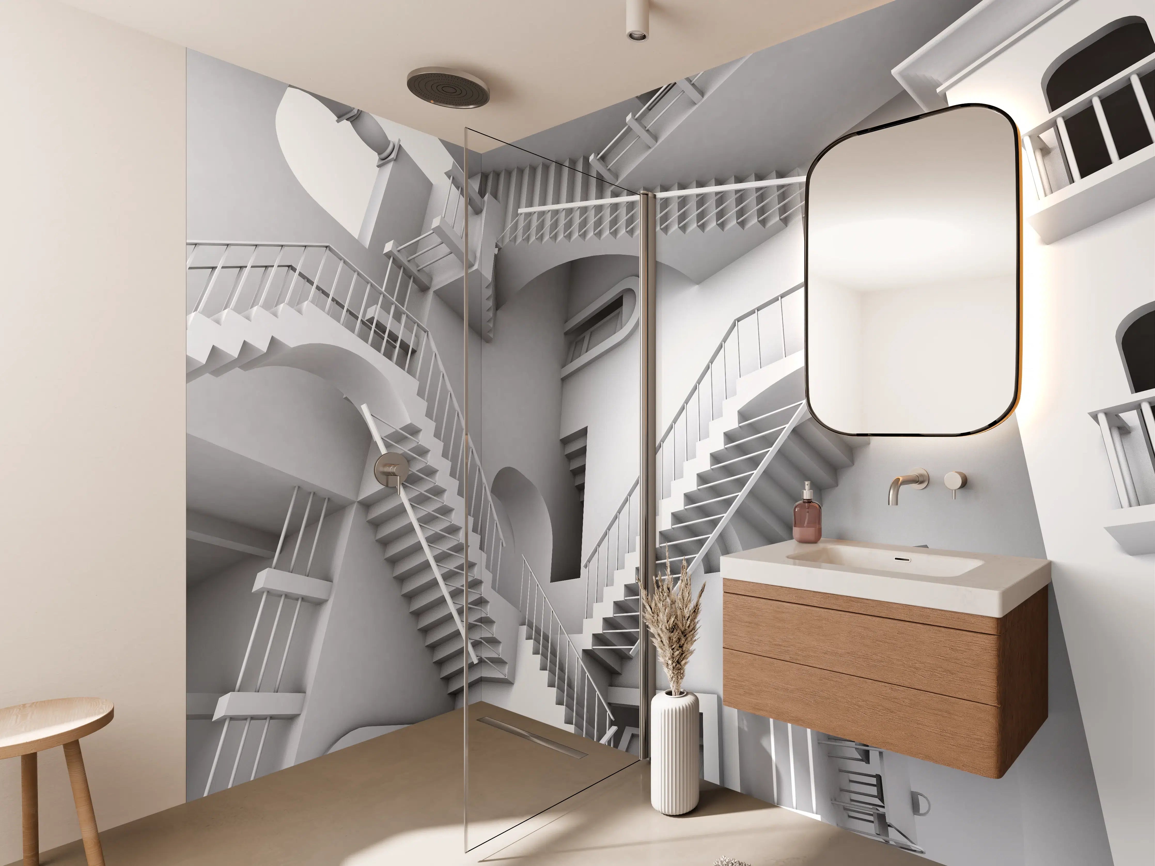 Wandverkleidung Bad - 3D-Illustration einer von Escher inspirierten Treppe