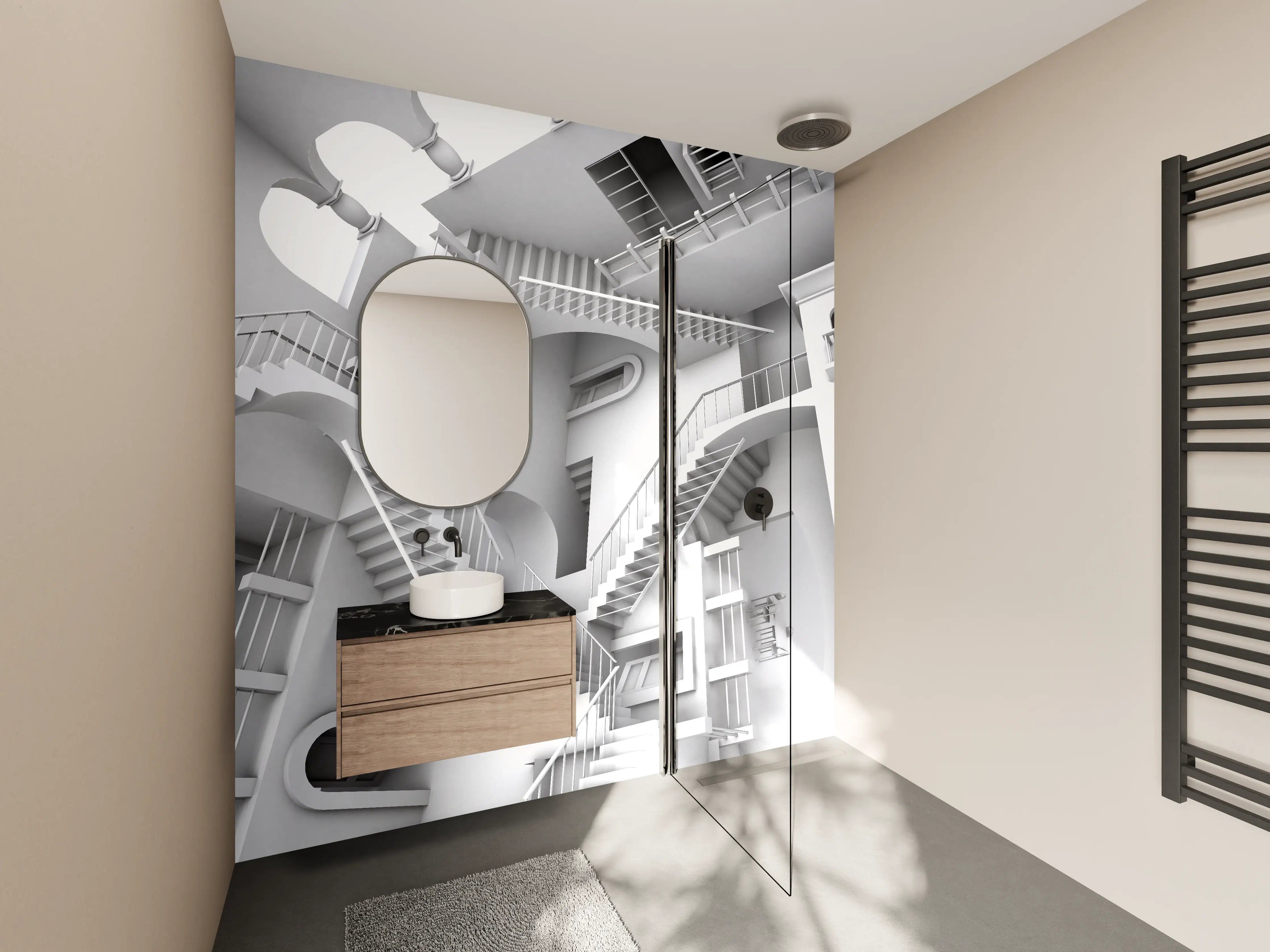 Wandverkleidung Bad - 3D-Illustration einer von Escher inspirierten Treppe