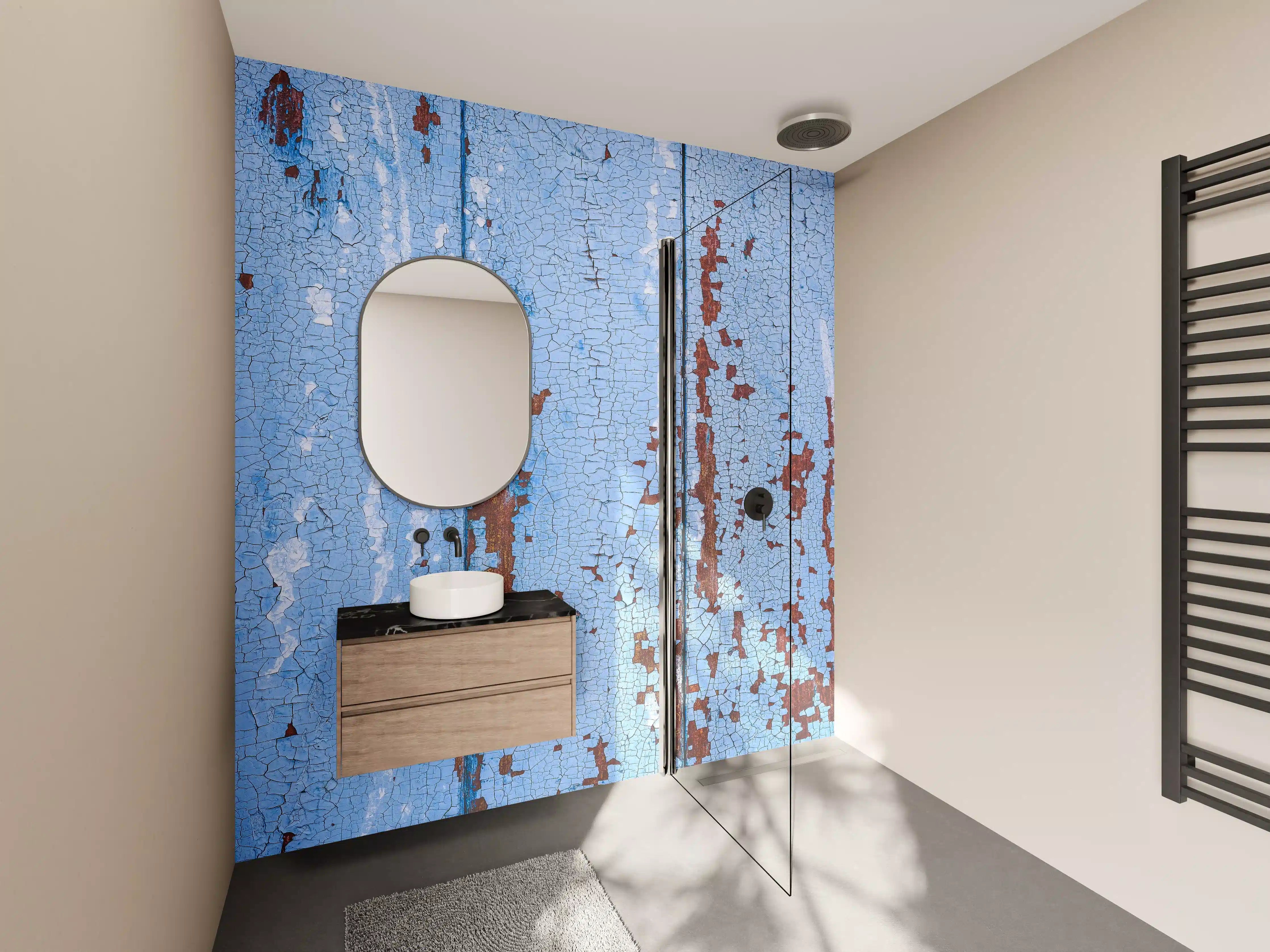 Wandverkleidung Bad - Abblätternde blaue Holzpaneel-Wand