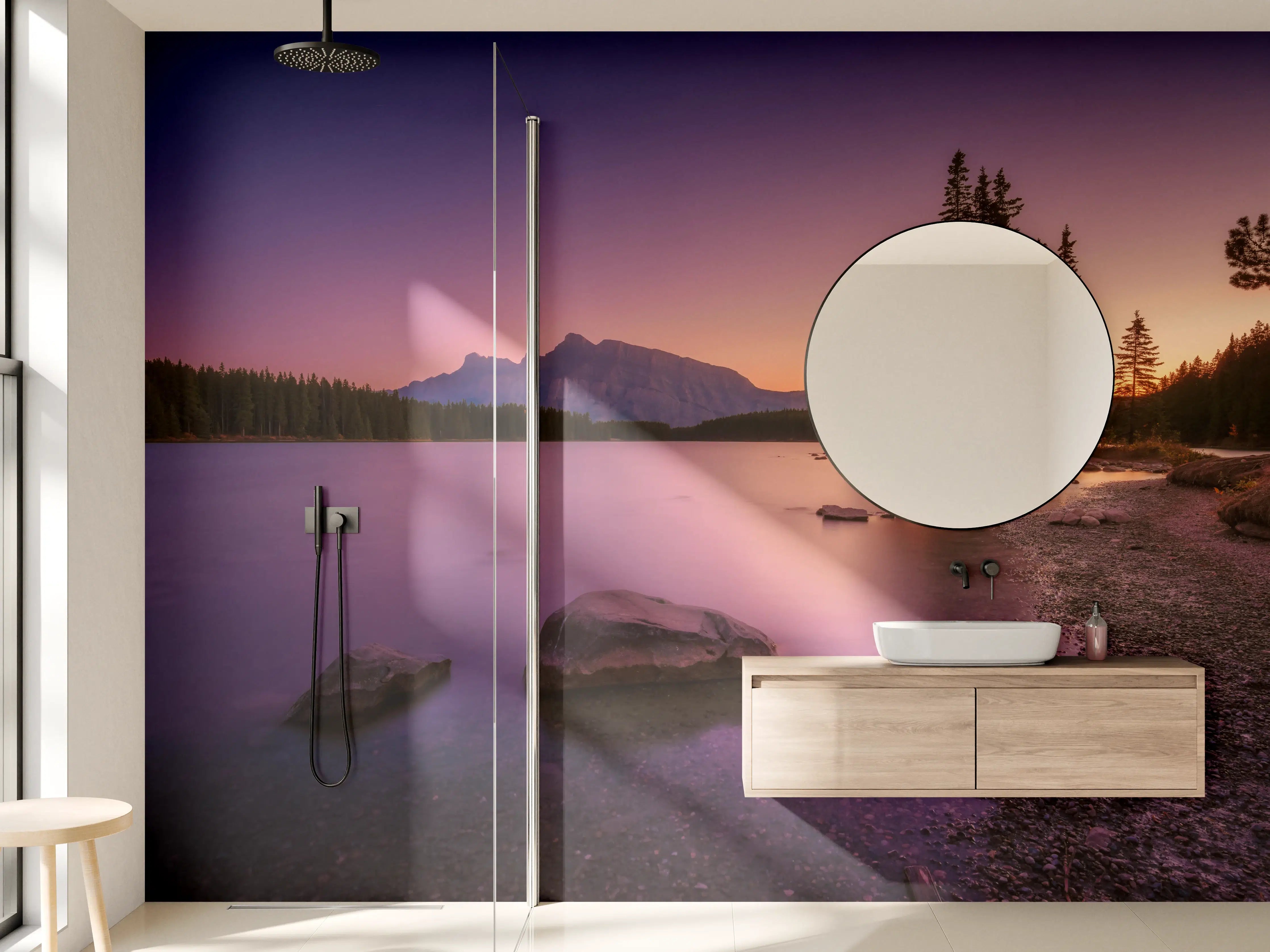 Wandverkleidung Bad - Abendstimmung an ruhigem See mit Bergen