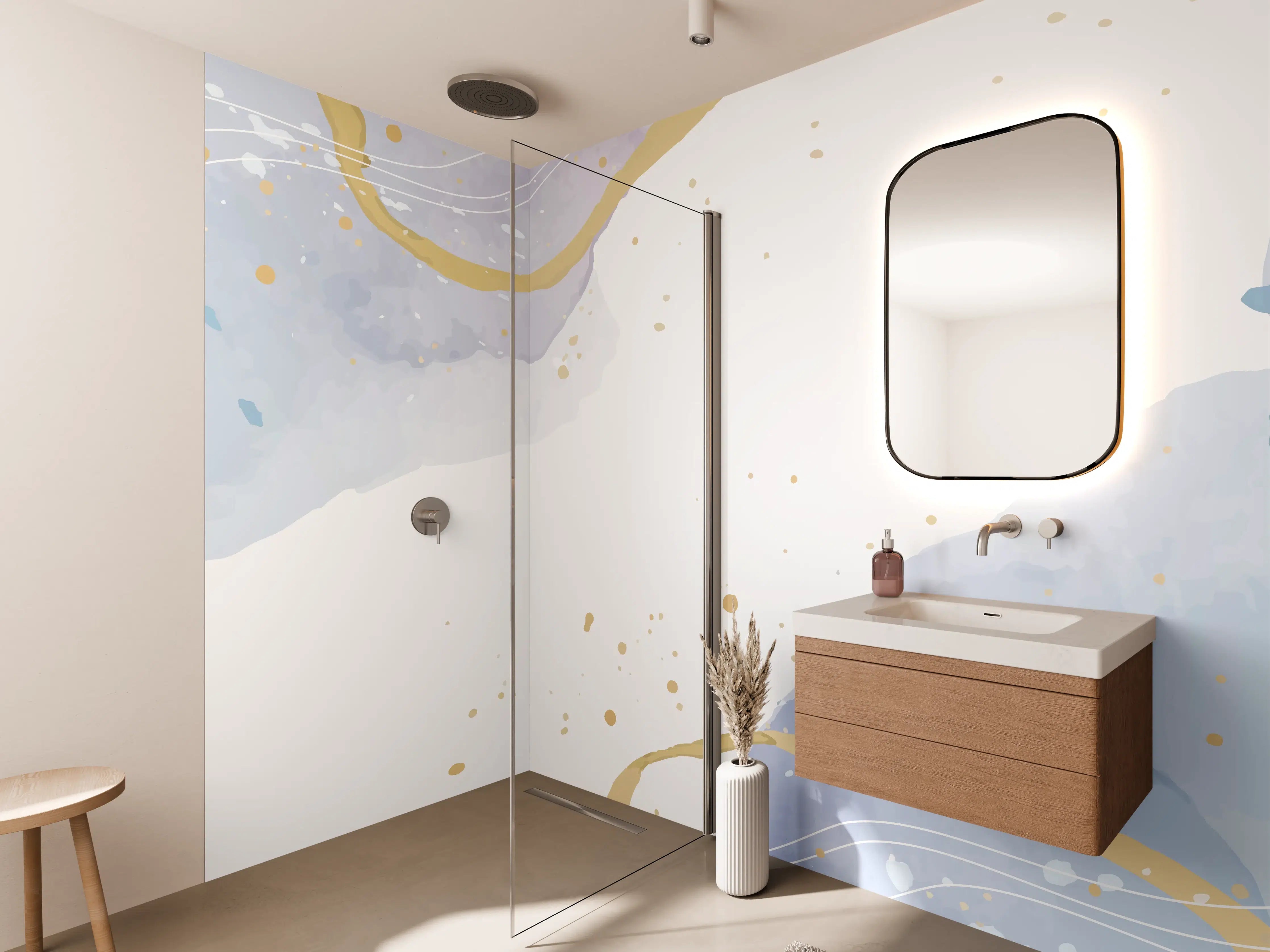 Wandverkleidung Bad - Abstrakt Blau Gold Aquarell Design