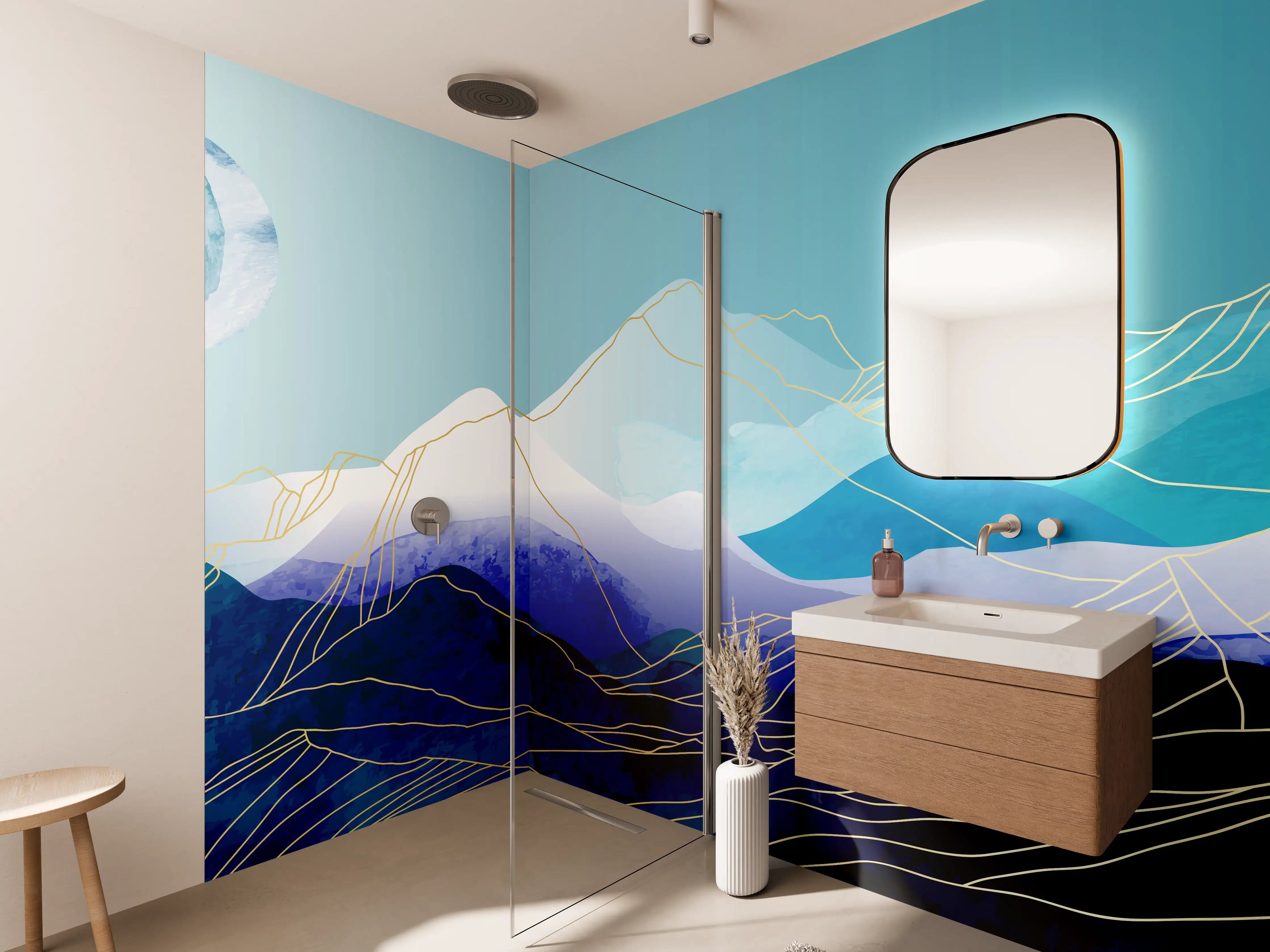 Wandverkleidung Bad - Abstrakte Berglandschaft in Blautönen