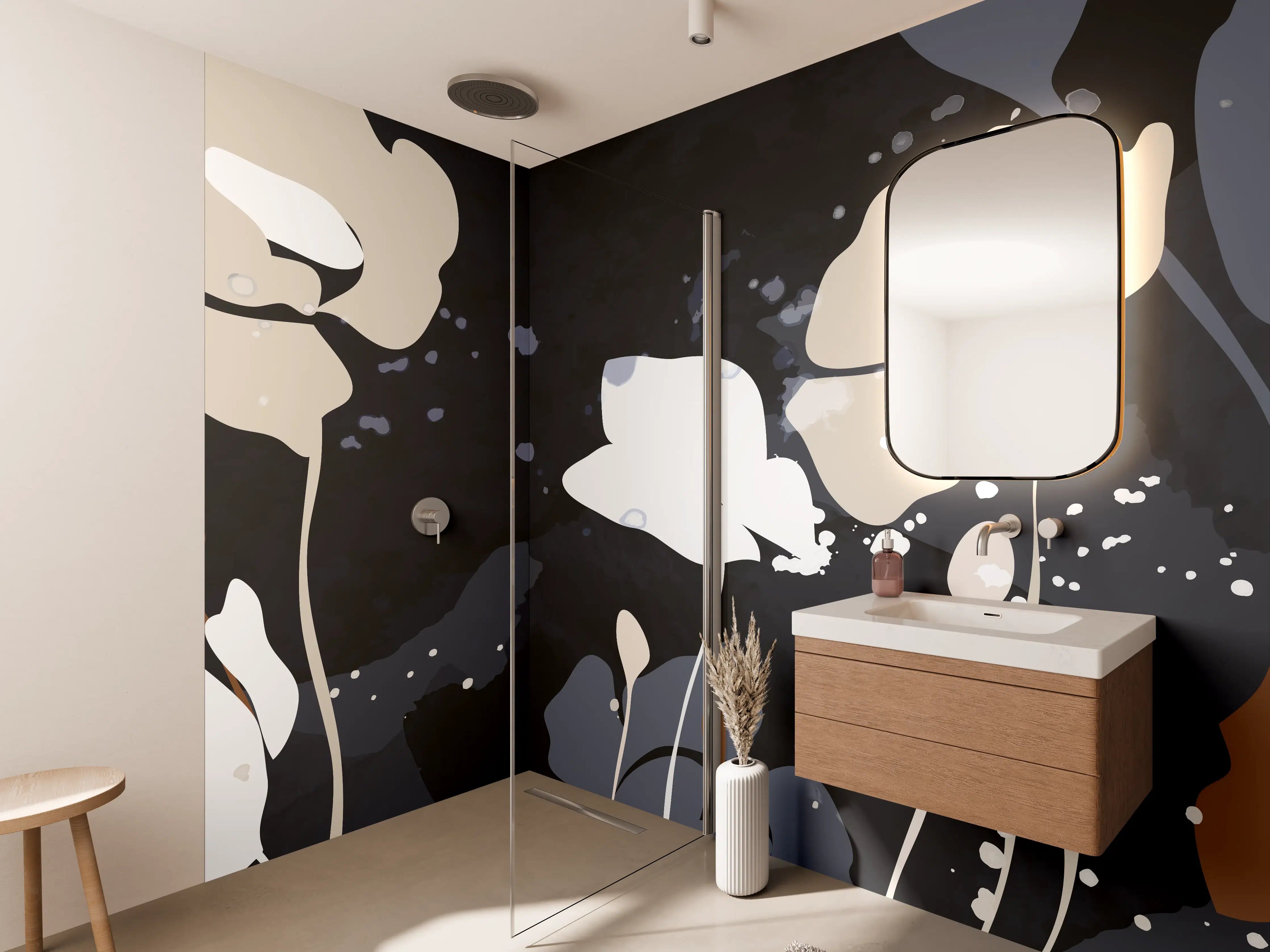 Wandverkleidung Bad - Abstrakte Blumen Dunkles Design