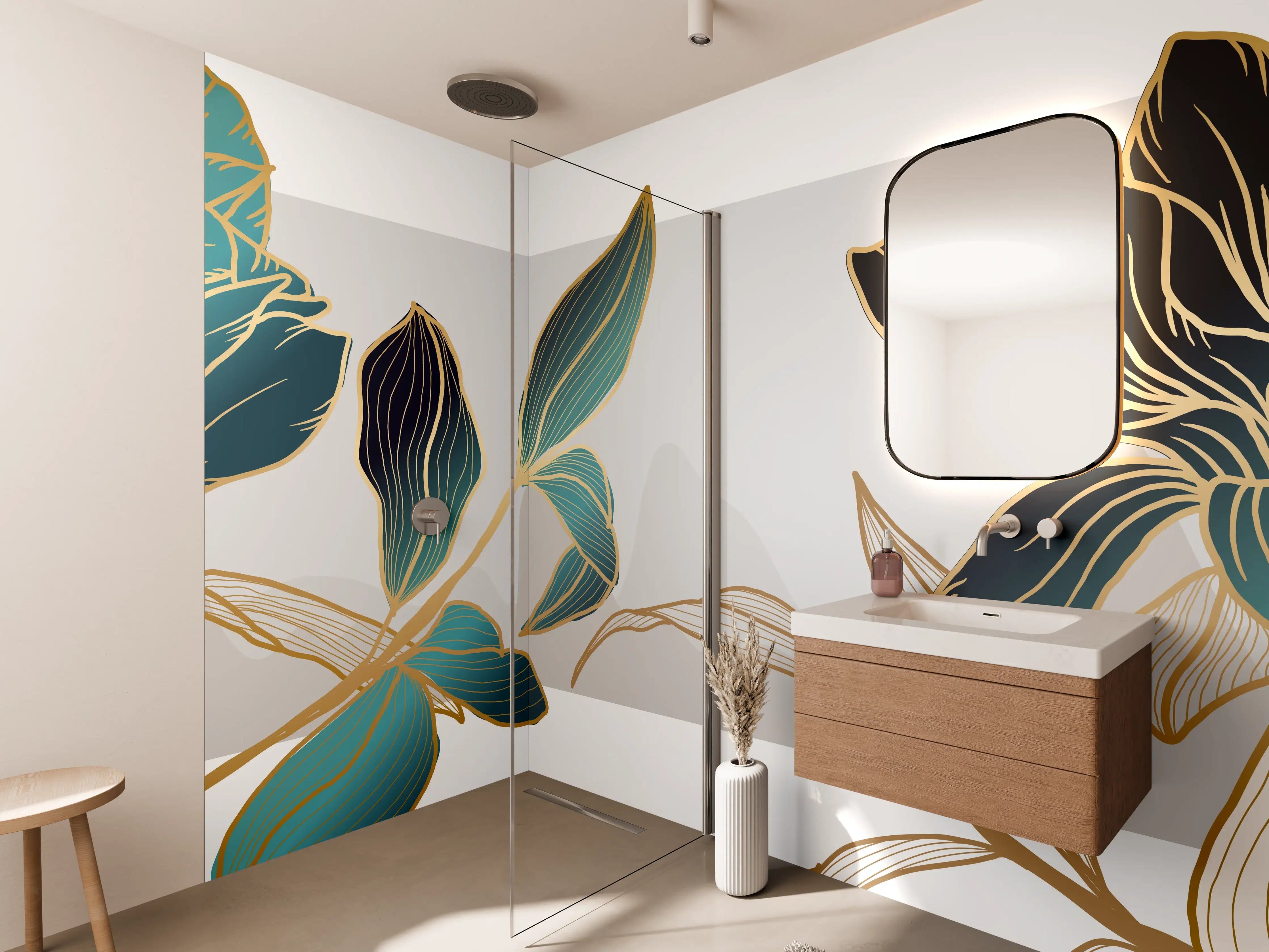 Wandverkleidung Bad - Abstrakte Blumen Gold-Blau Illustration