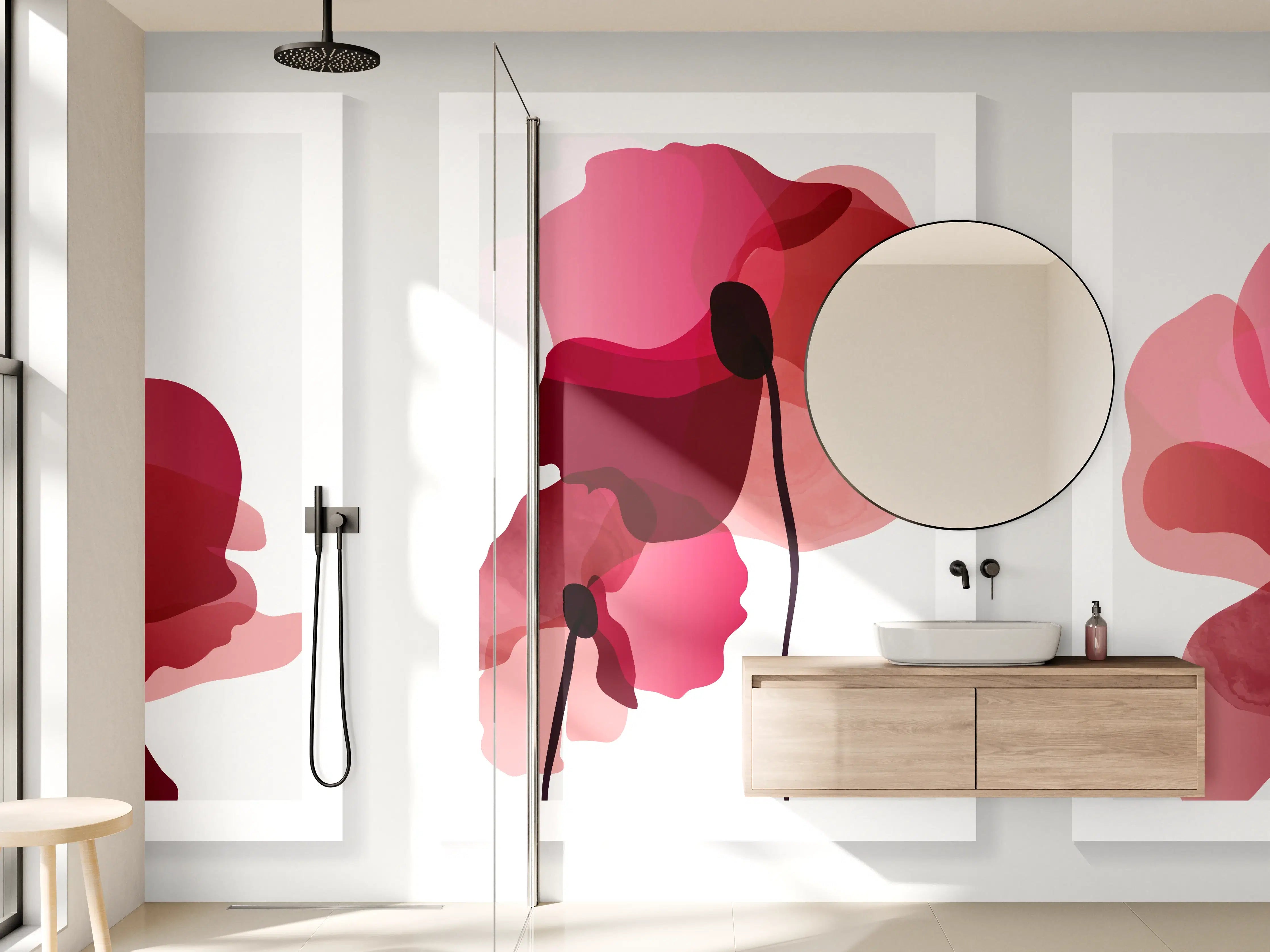 Wandverkleidung Bad - Abstrakte Blumen Triptychon Rot