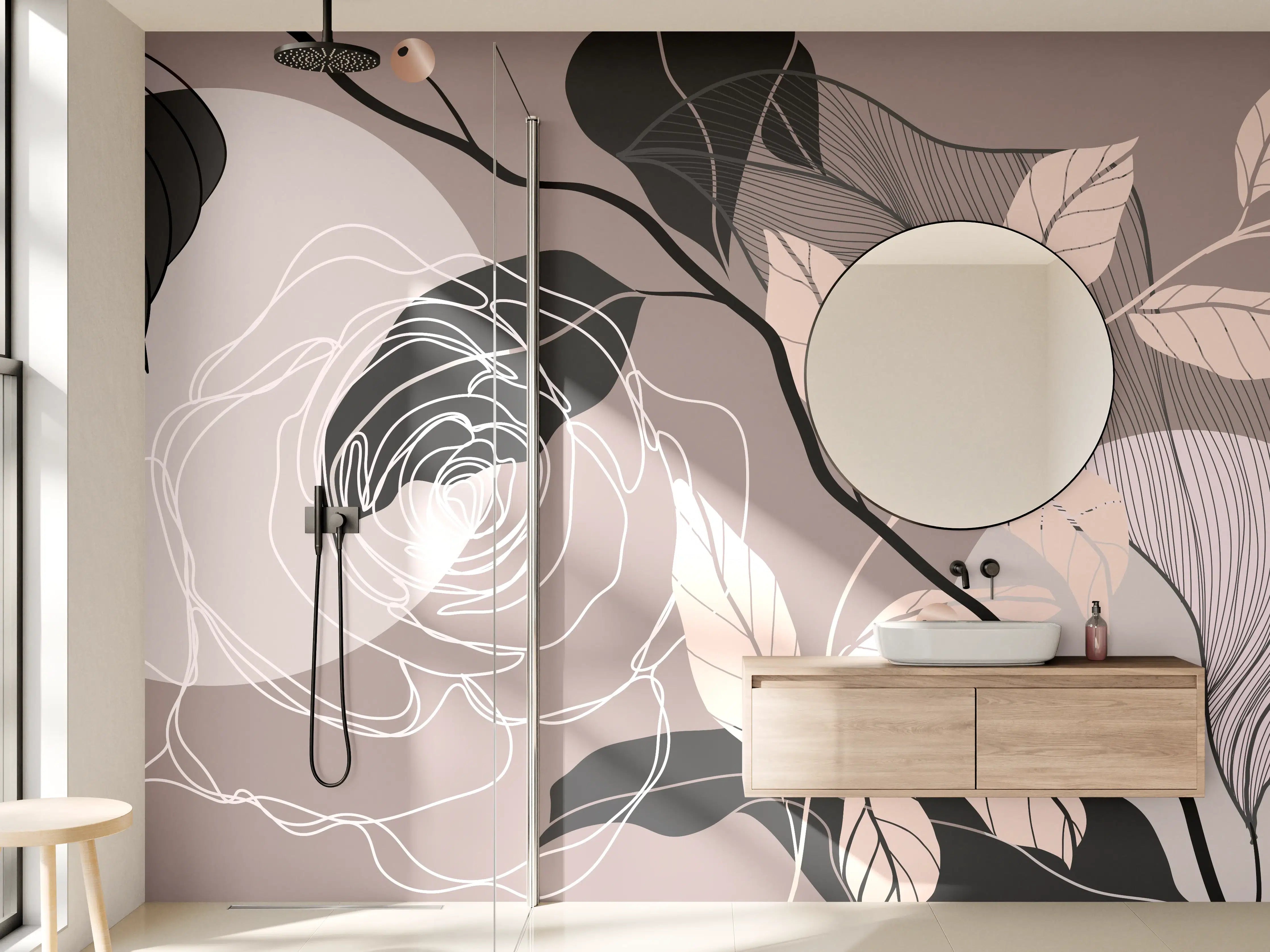 Wandverkleidung Bad - Abstrakte Blumenillustration Beige