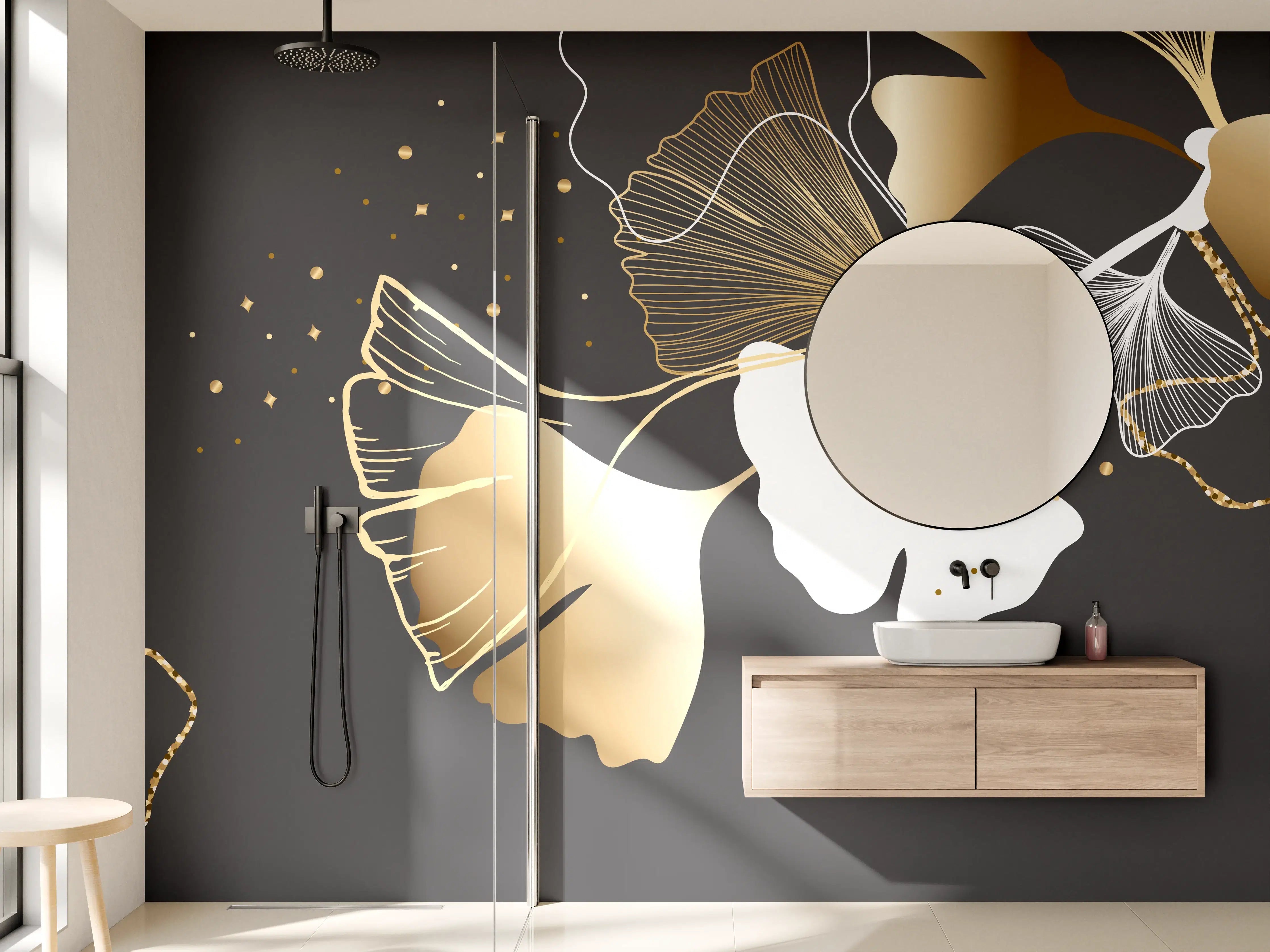 Wandverkleidung Bad - Abstrakte Ginkgo Muster Gold Schwarz