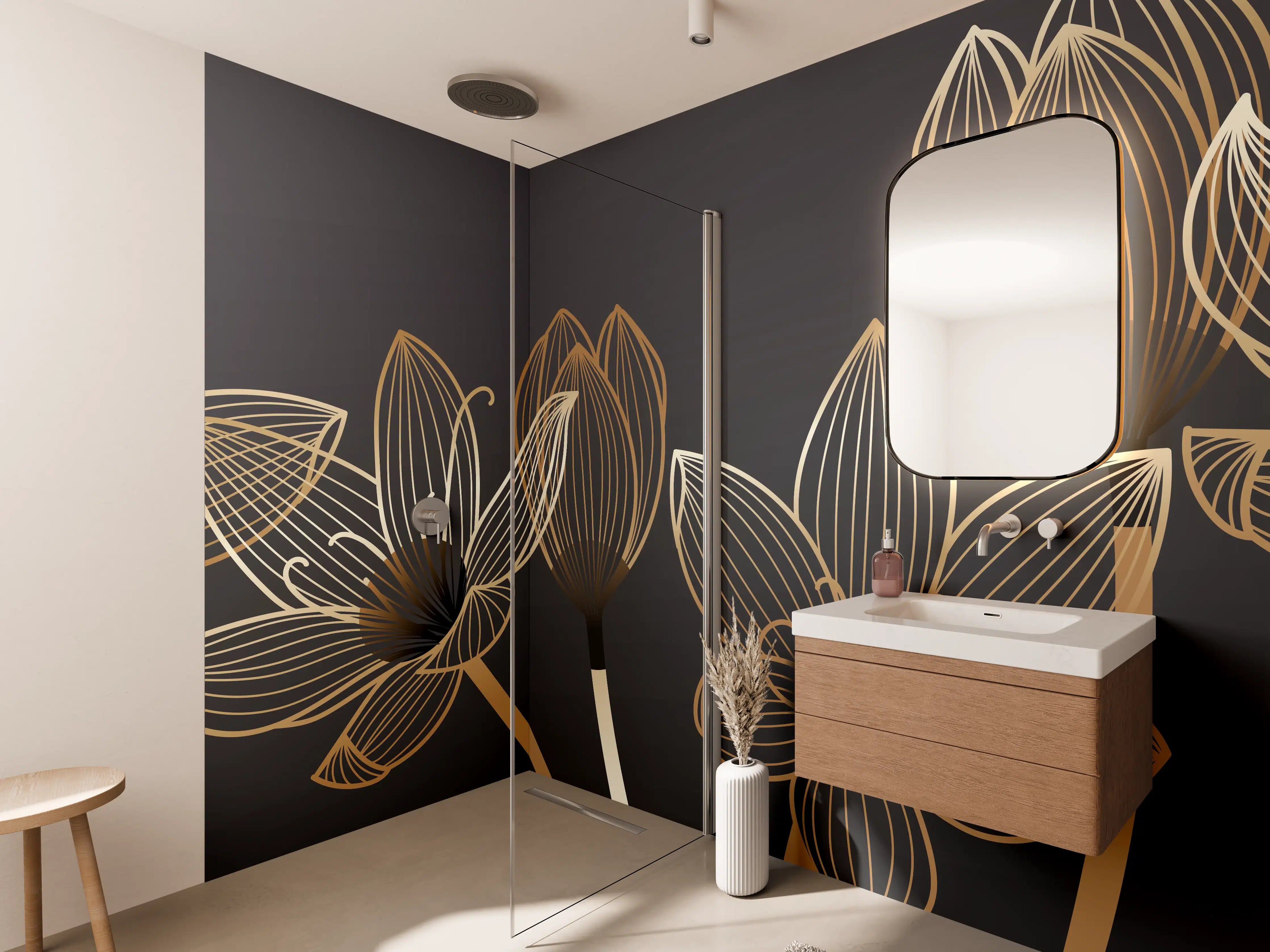 Wandverkleidung Bad - Abstrakte Gold-Schwarz Blumen Linienart