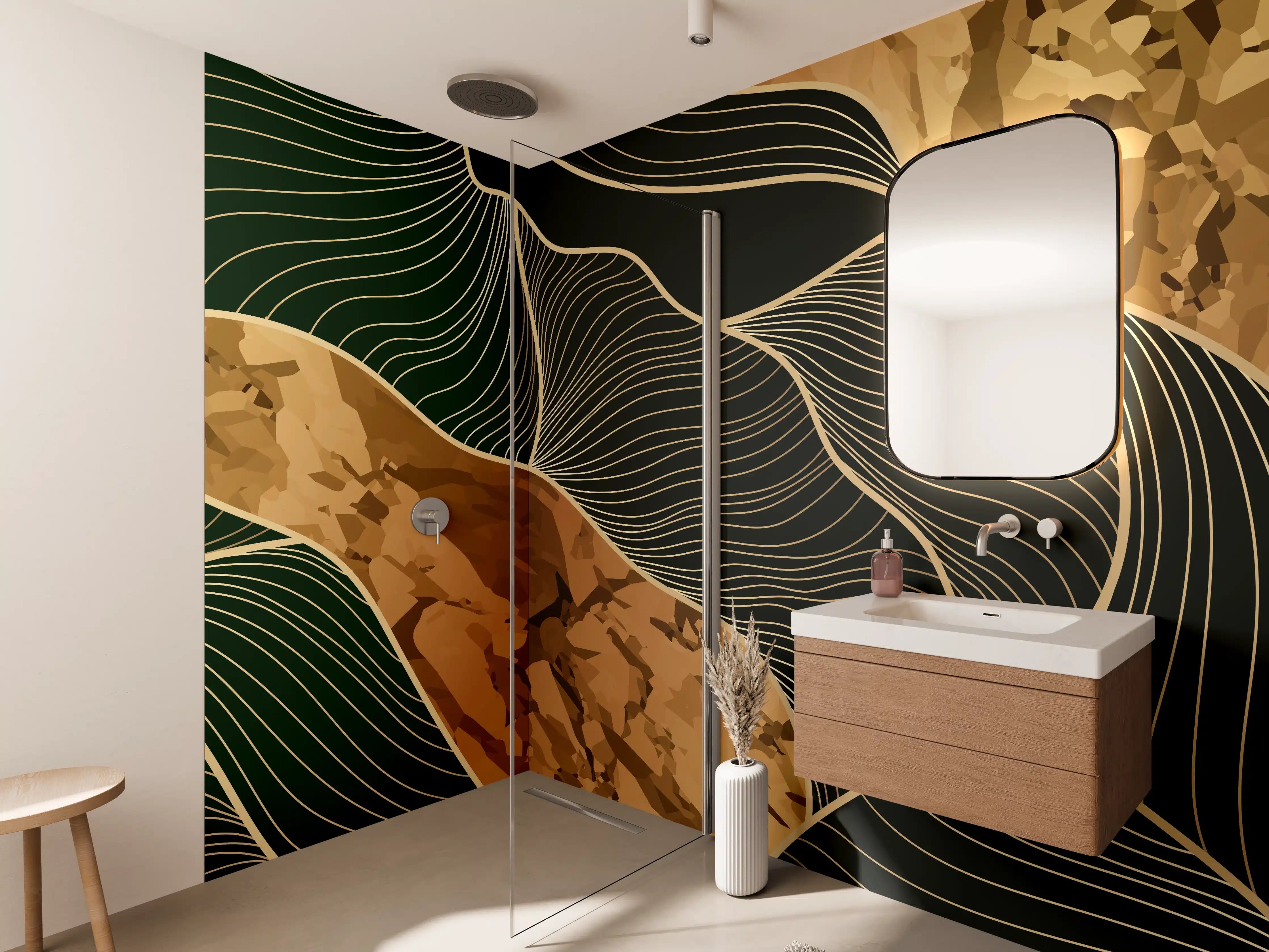 Wandverkleidung Bad - Abstrakte Goldbraun-Linien Kunst