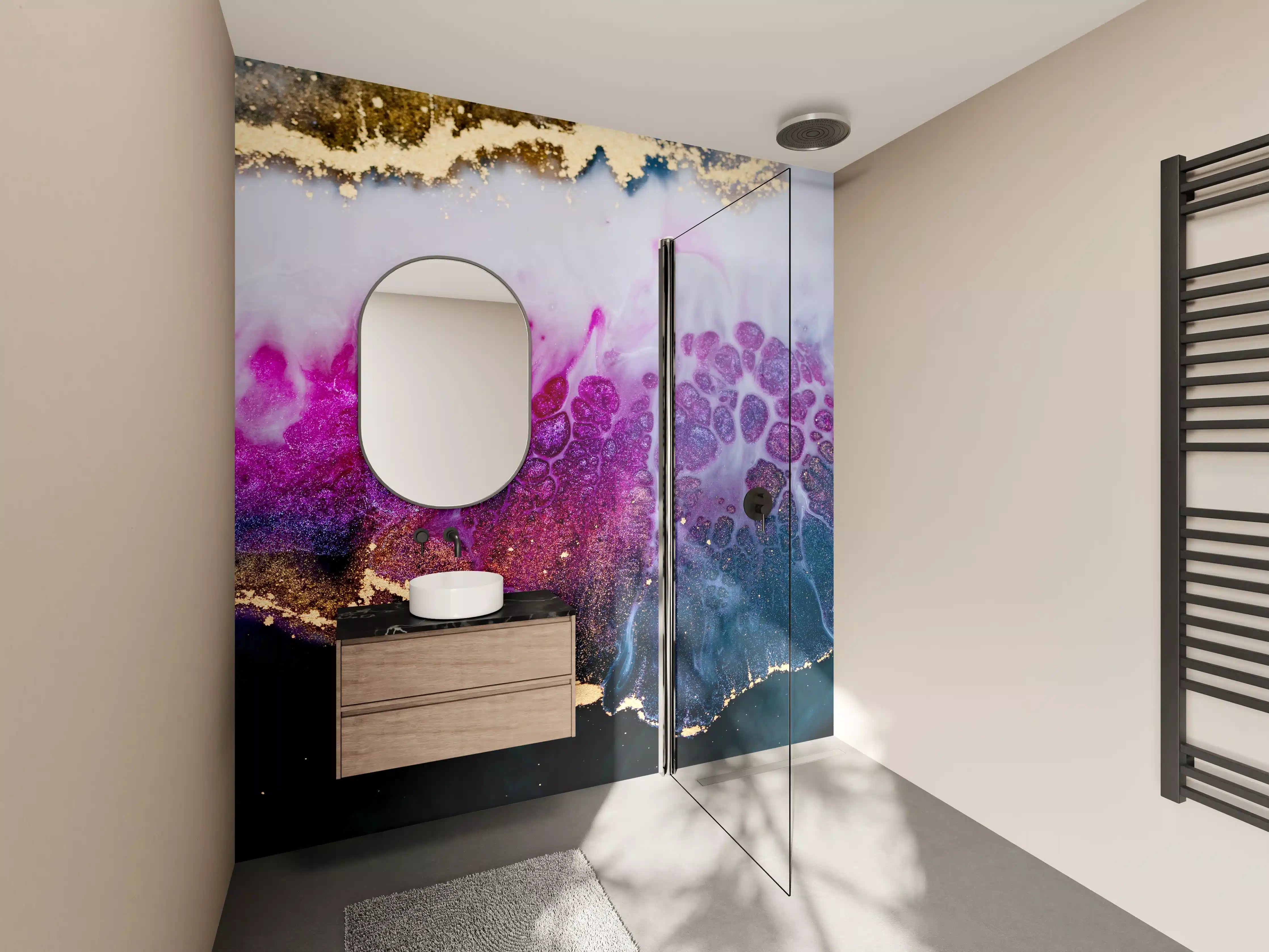 Wandverkleidung Bad - Abstrakte Kunst in Lila-Gold