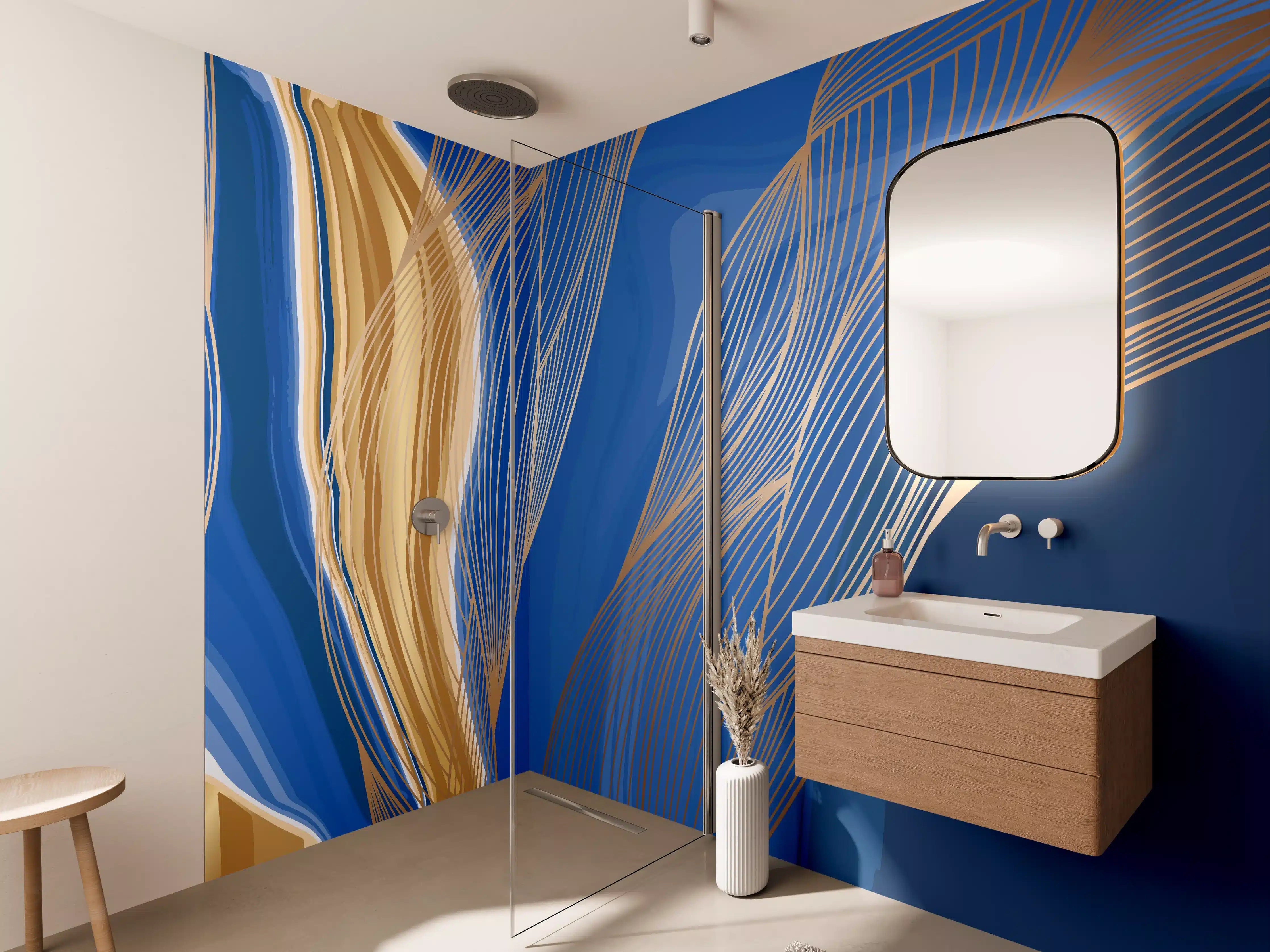 Wandverkleidung Bad - Abstrakte Linienkunst in Blau-Gold