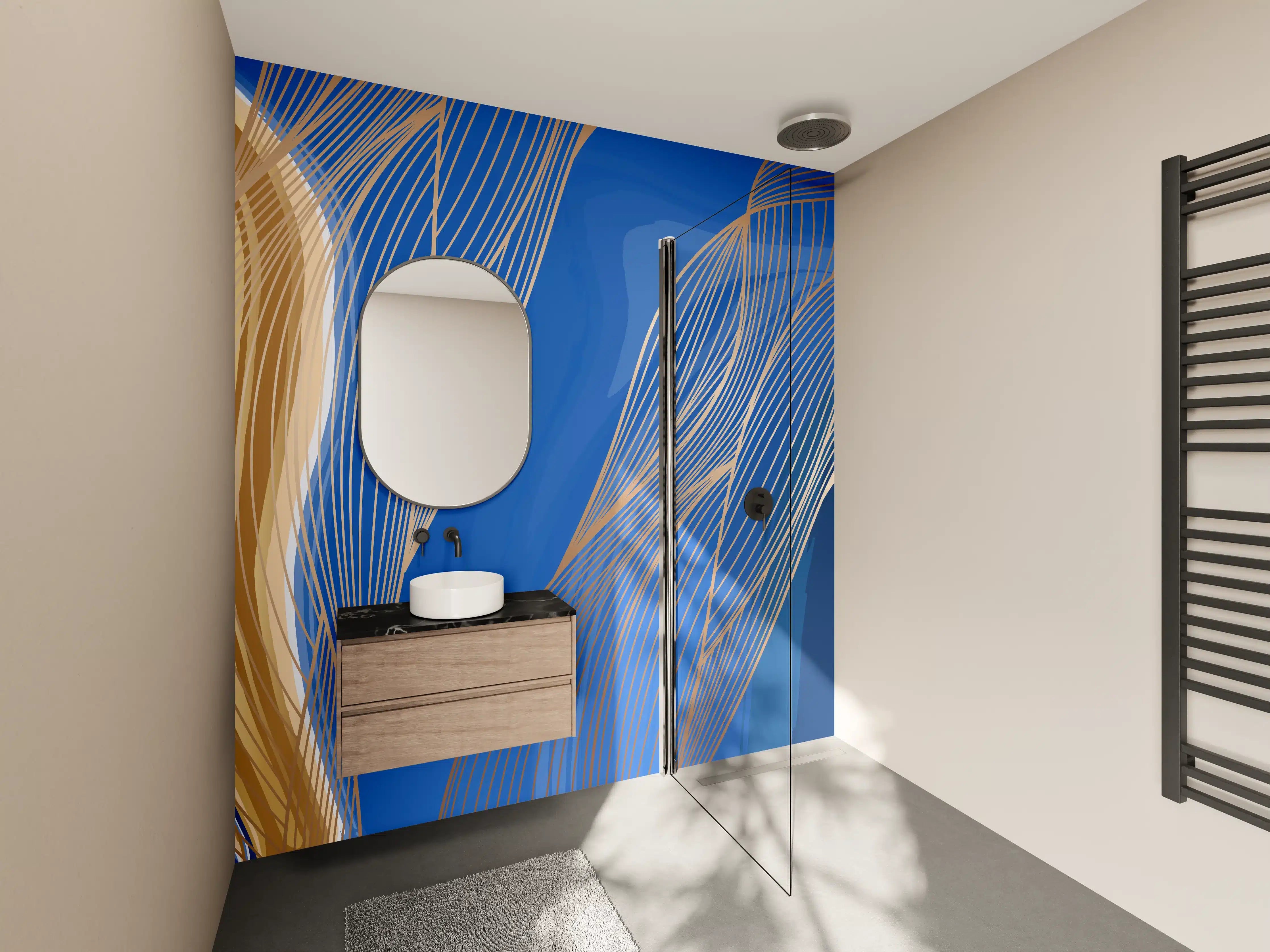 Wandverkleidung Bad - Abstrakte Linienkunst in Blau-Gold