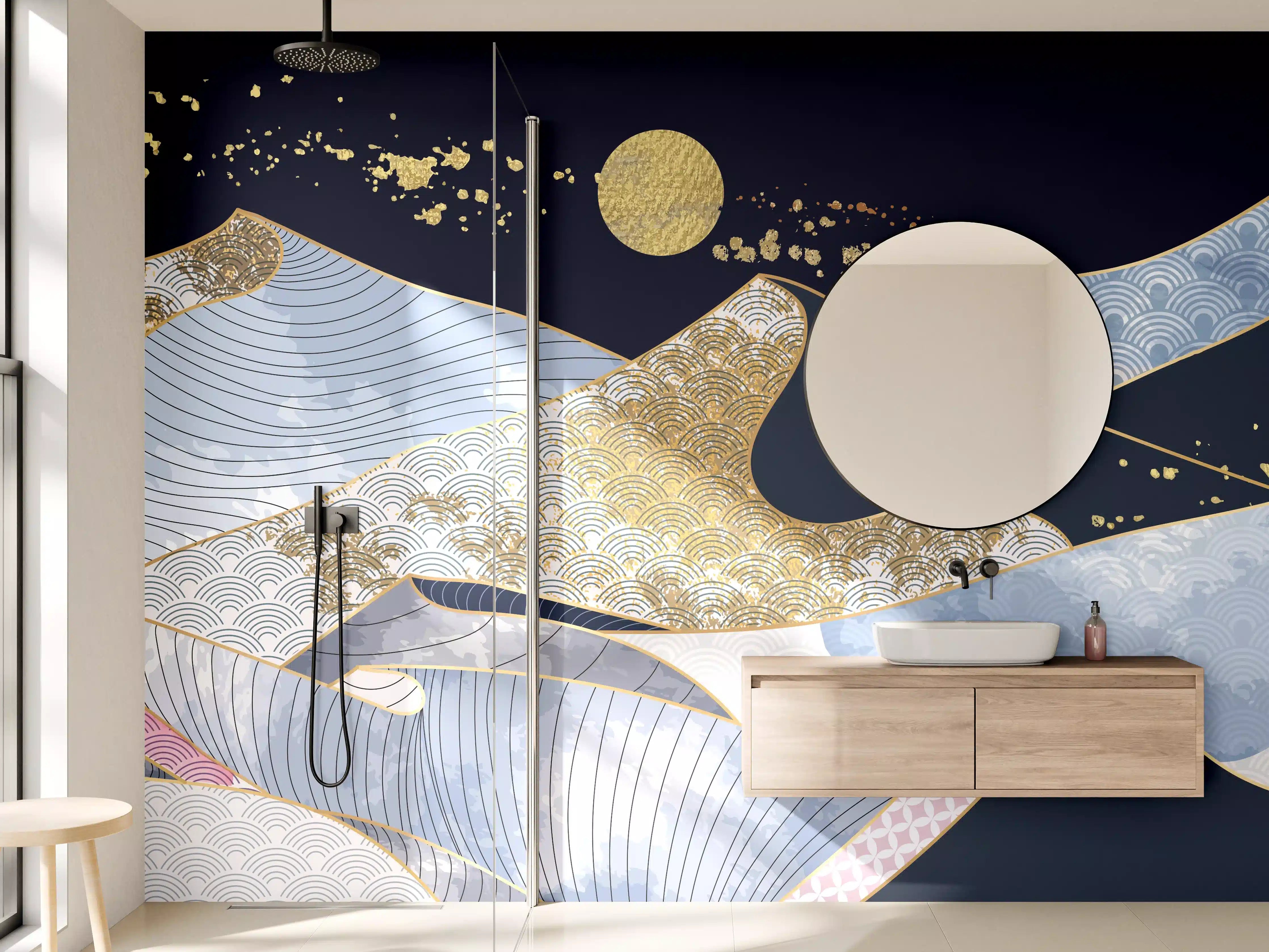 Wandverkleidung Bad - Abstrakte Wellen Gold Blau