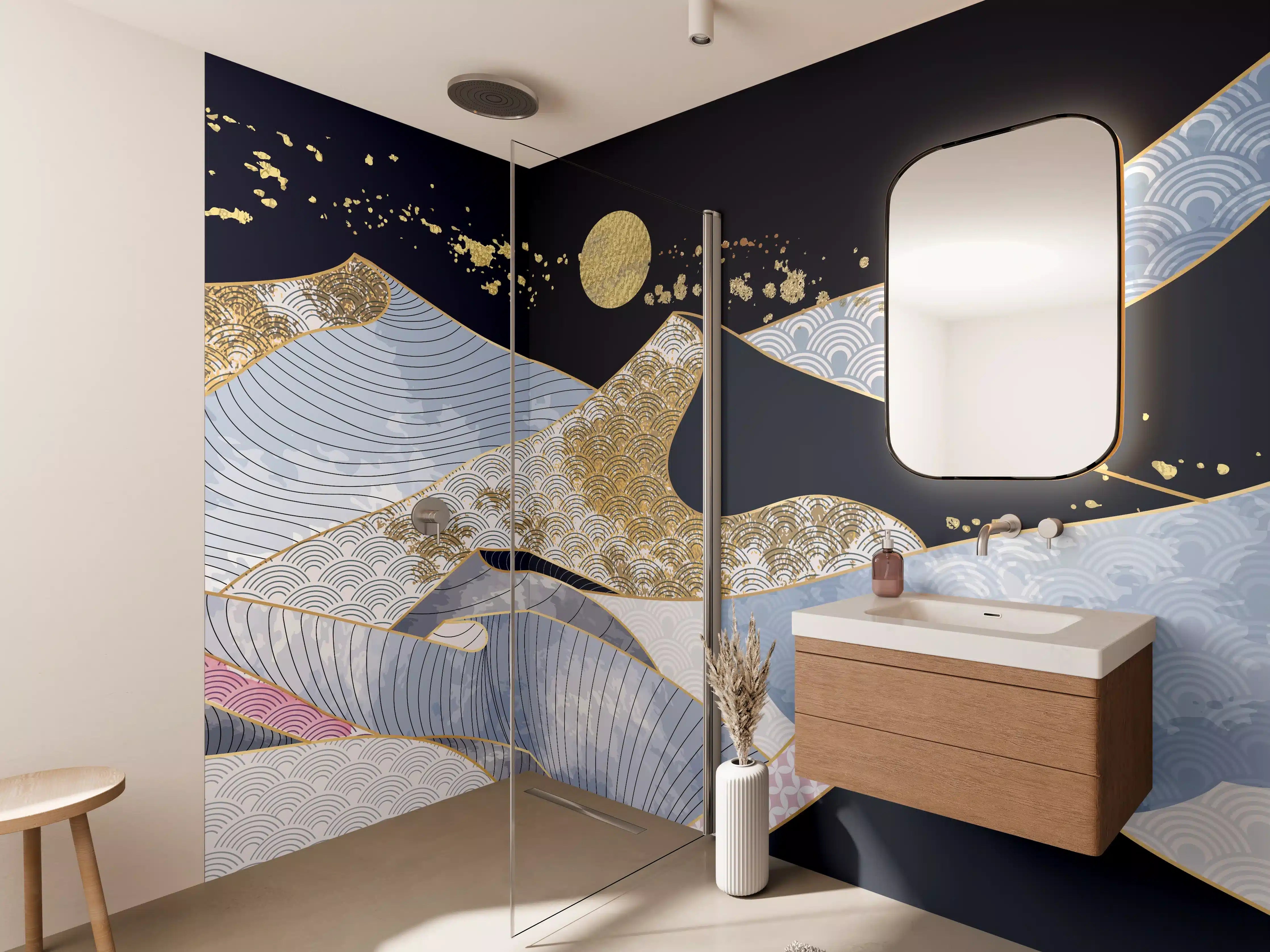 Wandverkleidung Bad - Abstrakte Wellen Gold Blau
