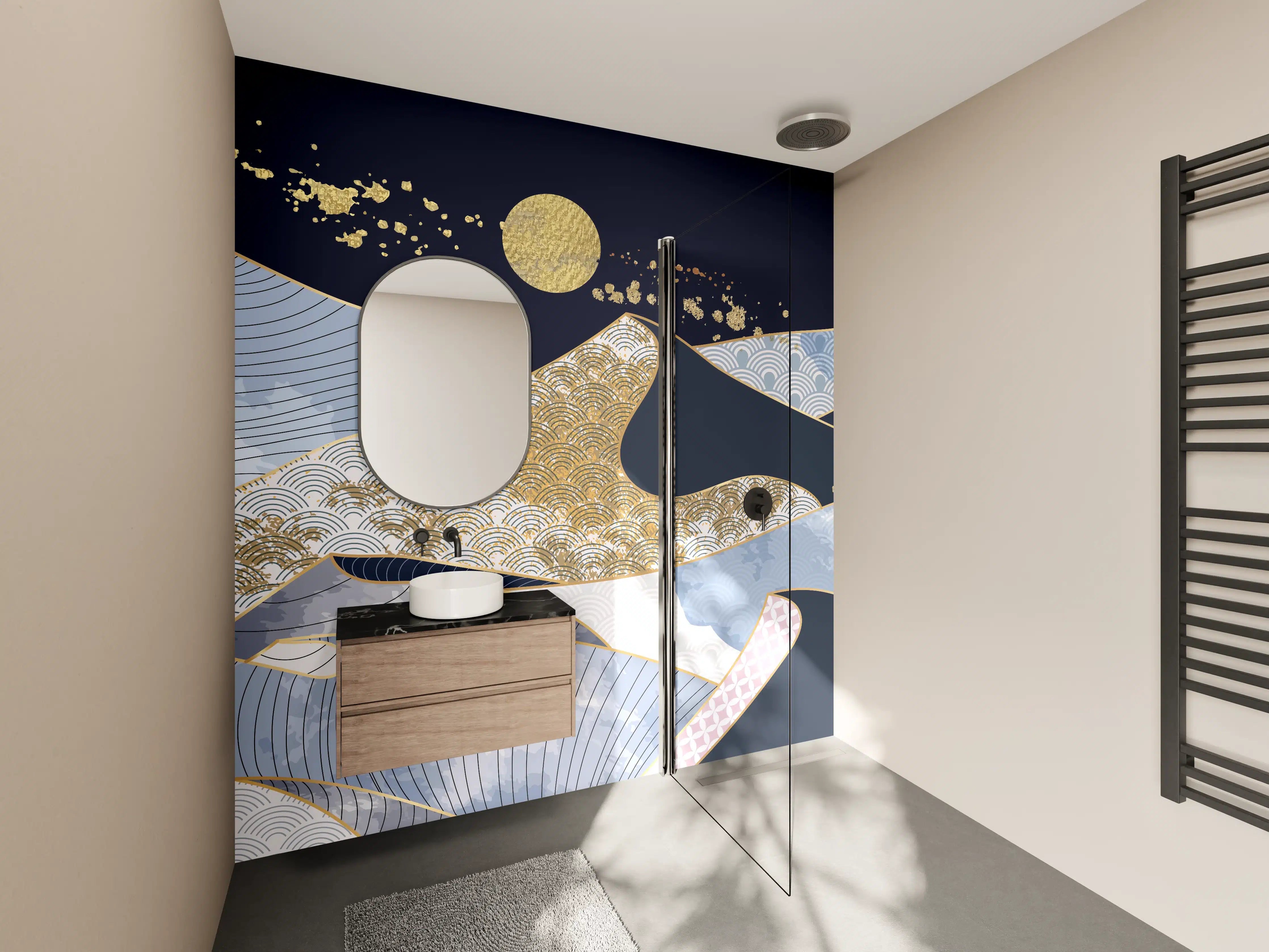 Wandverkleidung Bad - Abstrakte Wellen Gold Blau