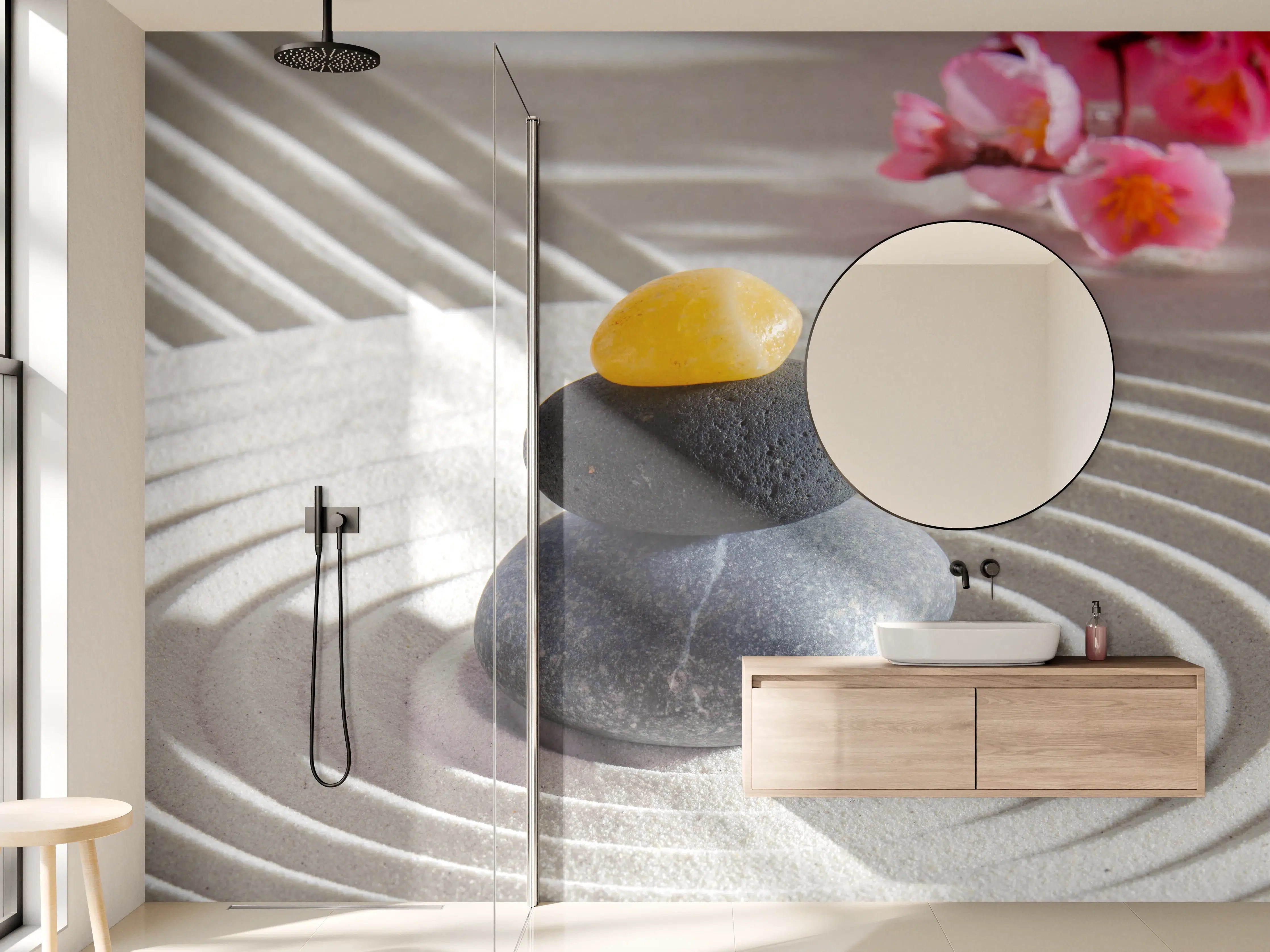 Wandverkleidung Bad - Achtsamkeit mit Steinen und Blumen