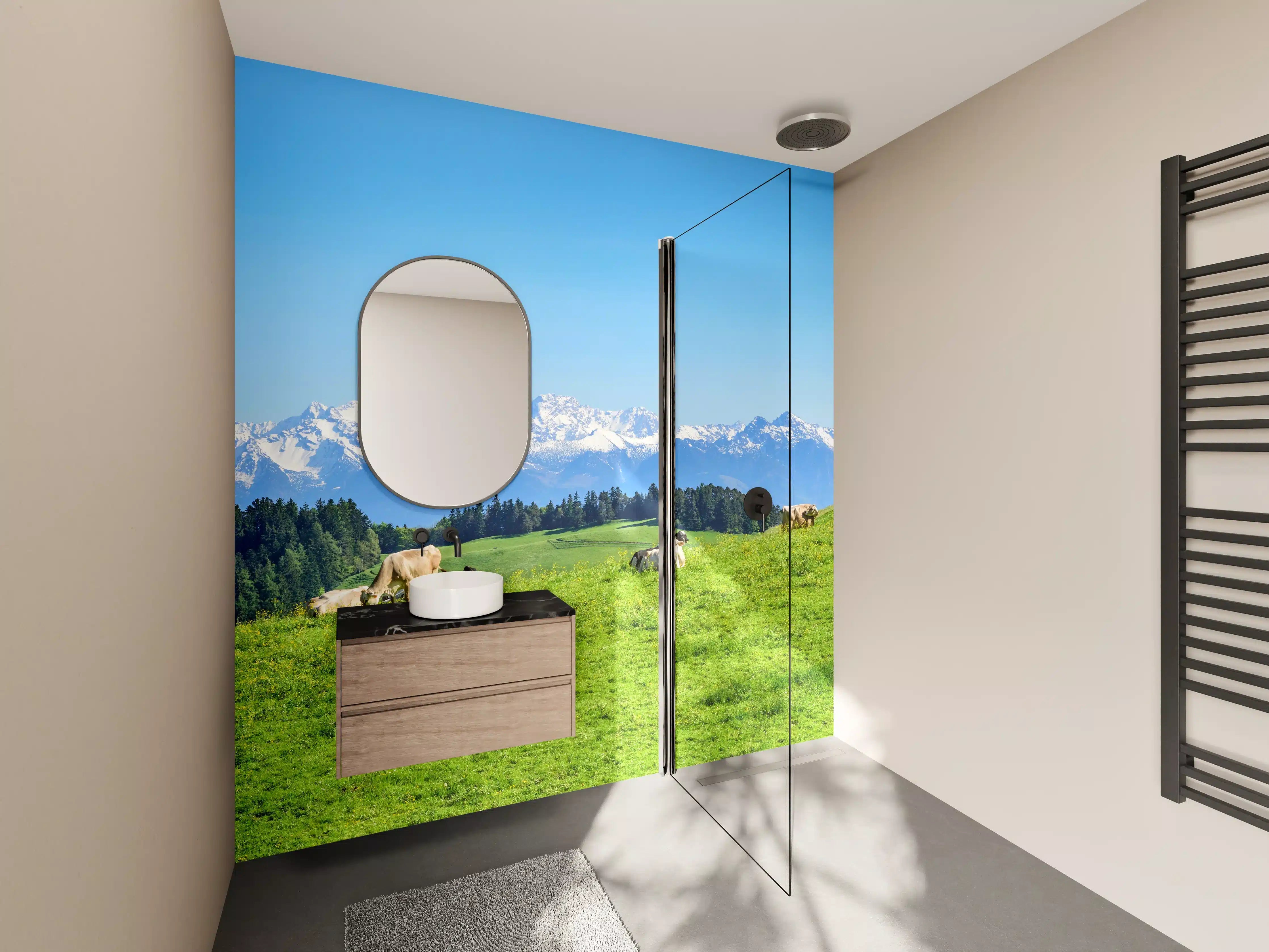Wandverkleidung Bad - Almwiese mit Kühen und Alpenblick
