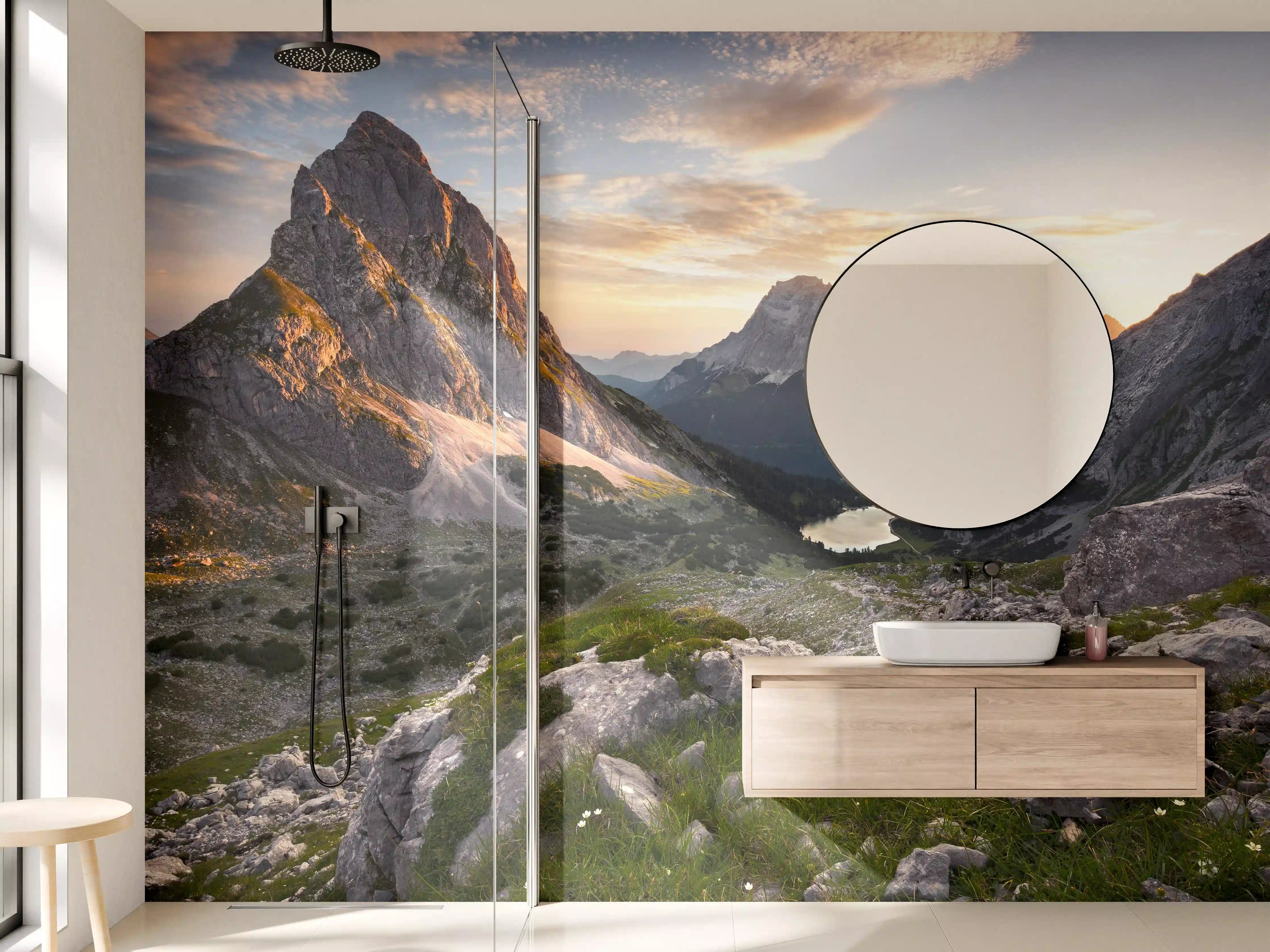 Wandverkleidung Bad - Alpenglühen am Bergsee