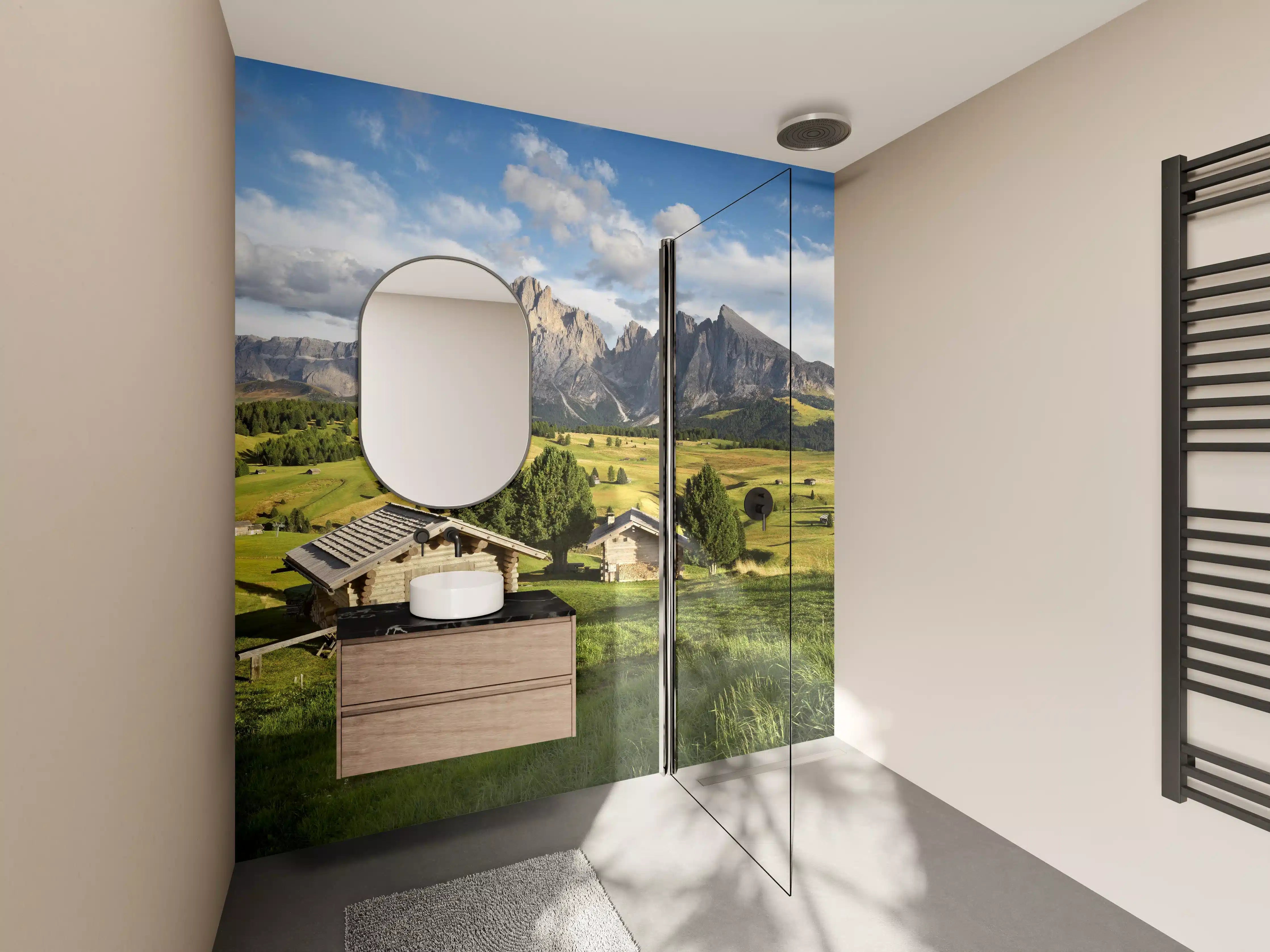 Wandverkleidung Bad - Alpenidylle mit grünen Wiesen