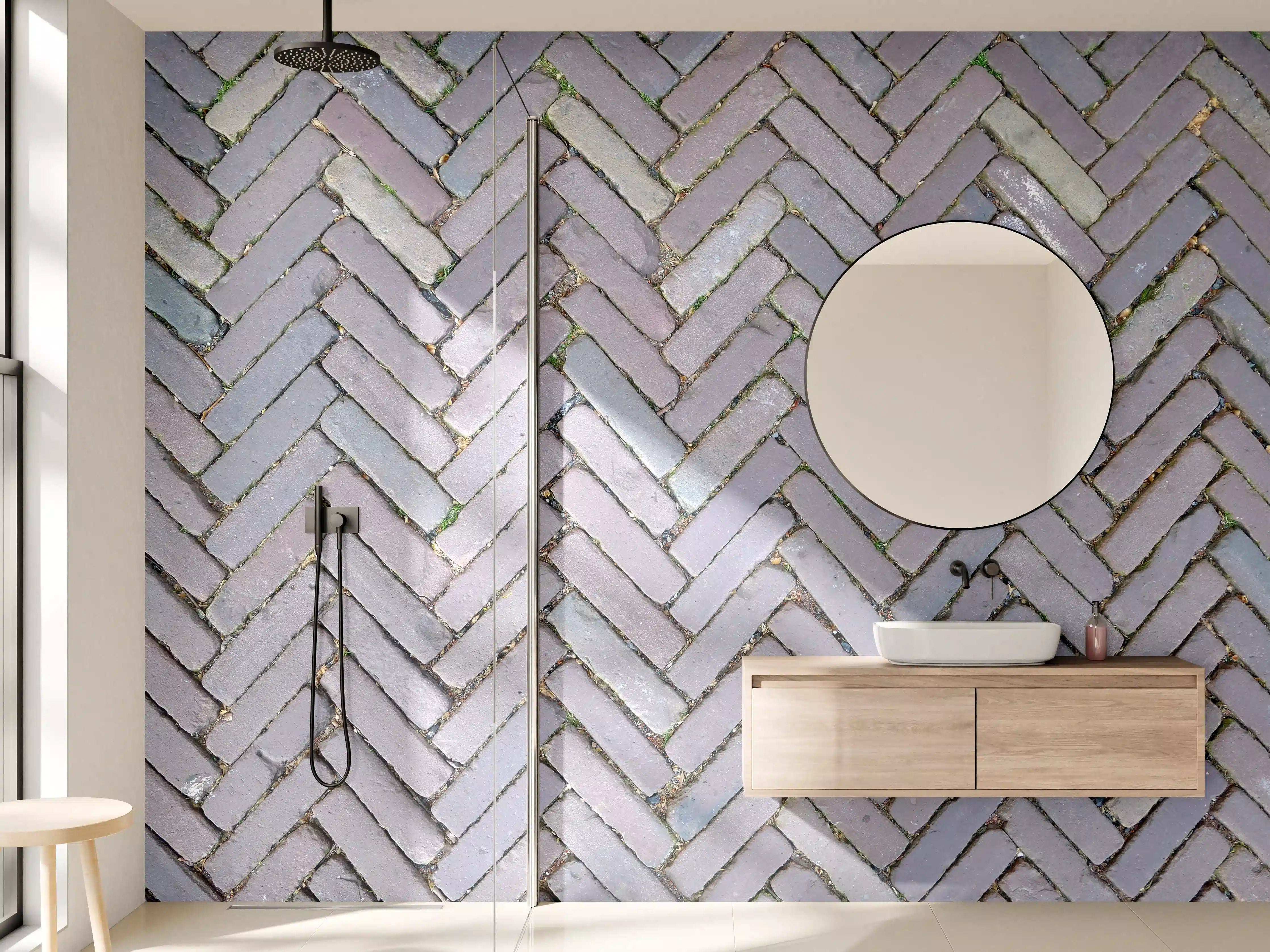 Wandverkleidung Bad - Alte Pflastersteine in Grautönen