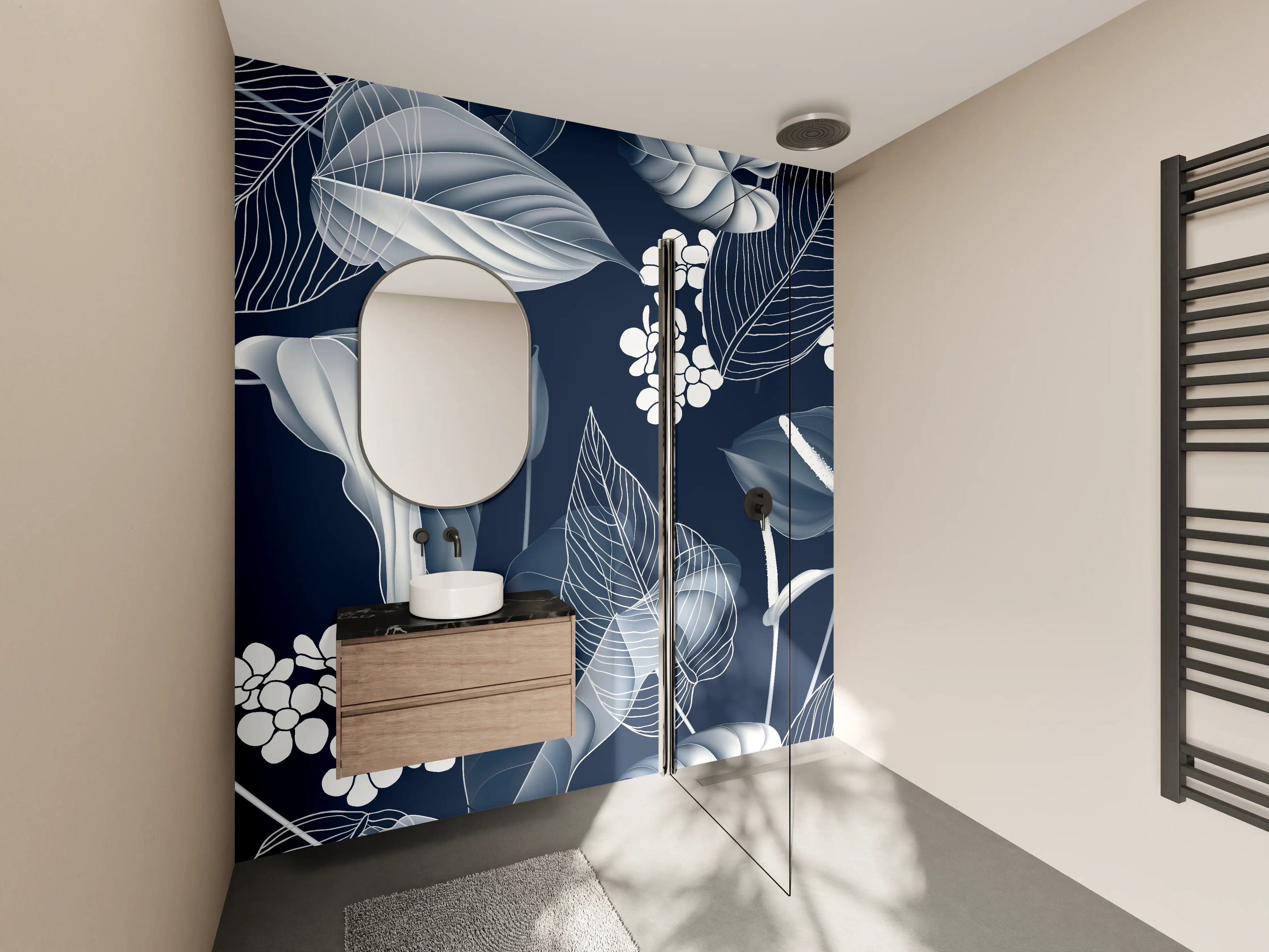 Wandverkleidung Bad - Anthurium Blumen Dunkelblau Muster