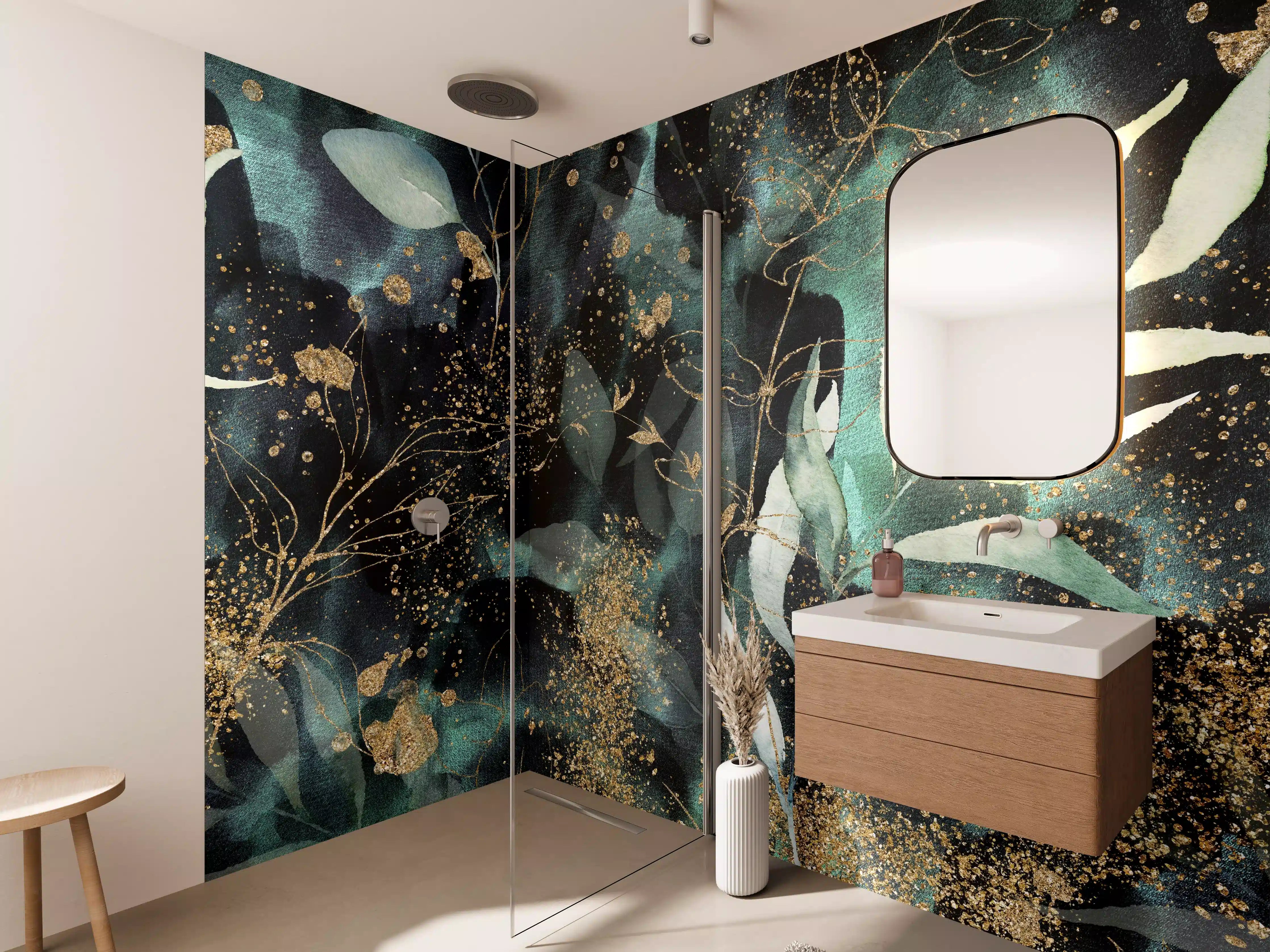 Wandverkleidung Bad - Aquarell - abstrakte Blumen mit gold