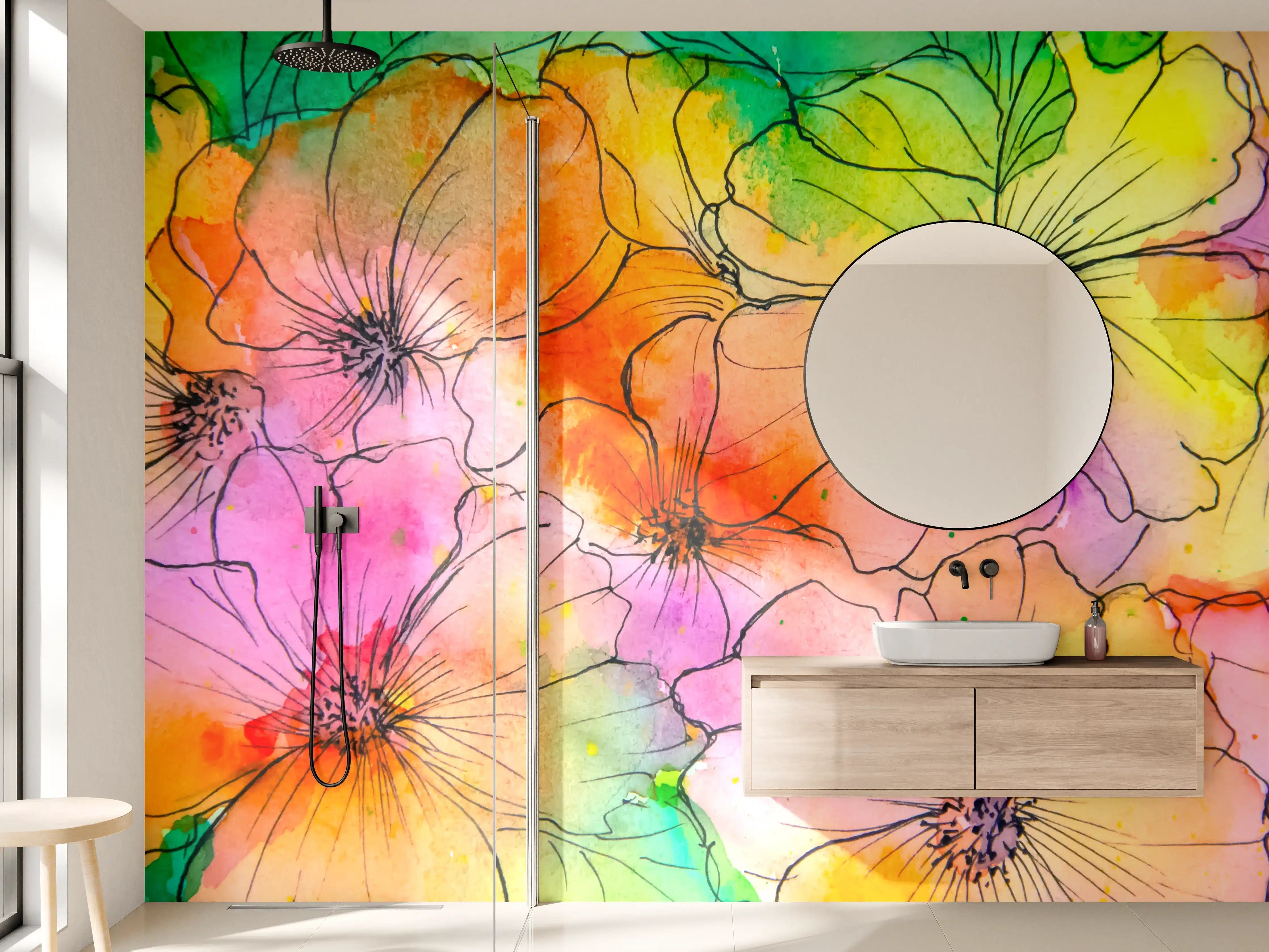 Wandverkleidung Bad - Aquarell Blumen Malerei