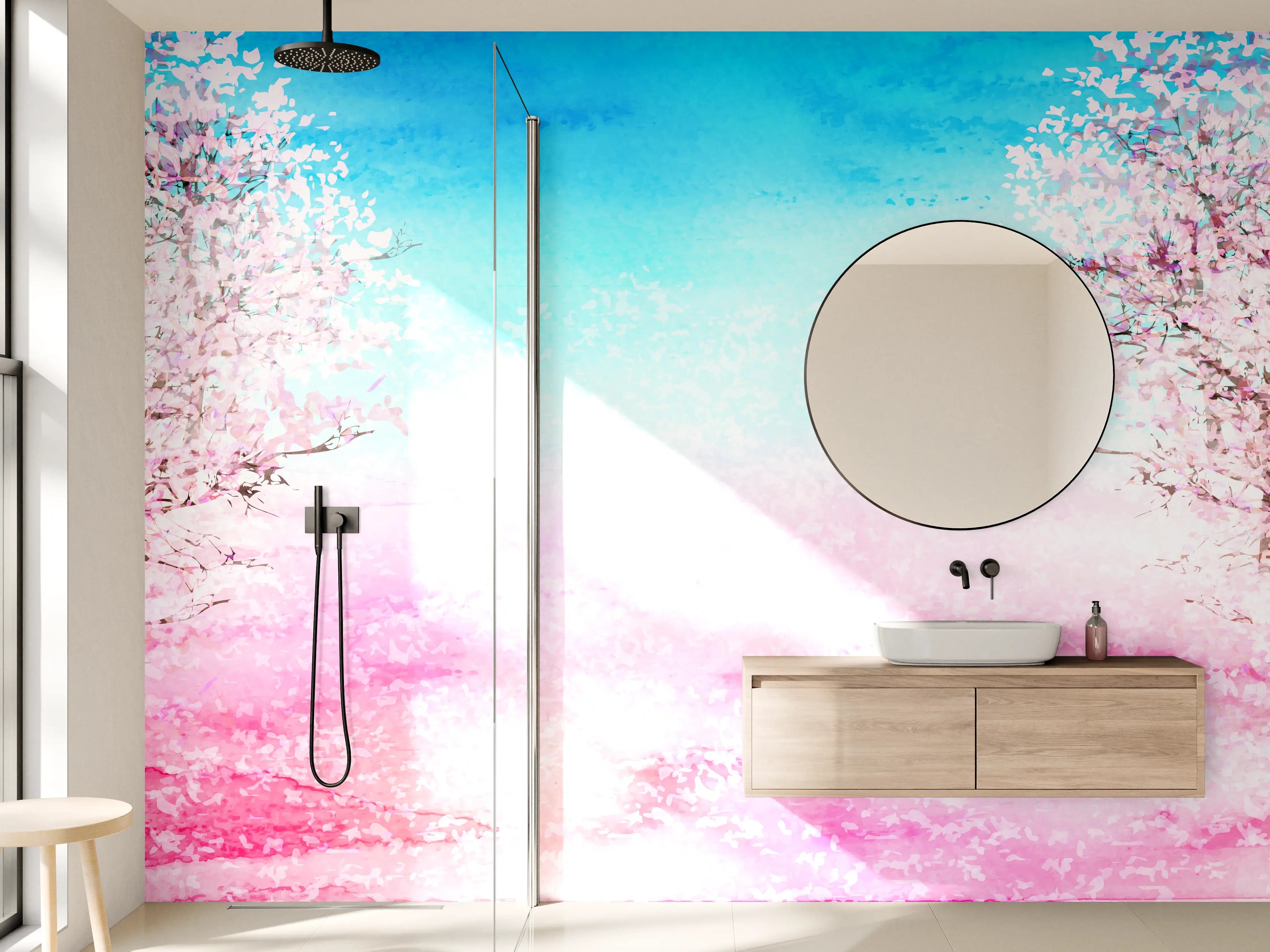 Wandverkleidung Bad - Aquarell Frühlingsbaum Rosa