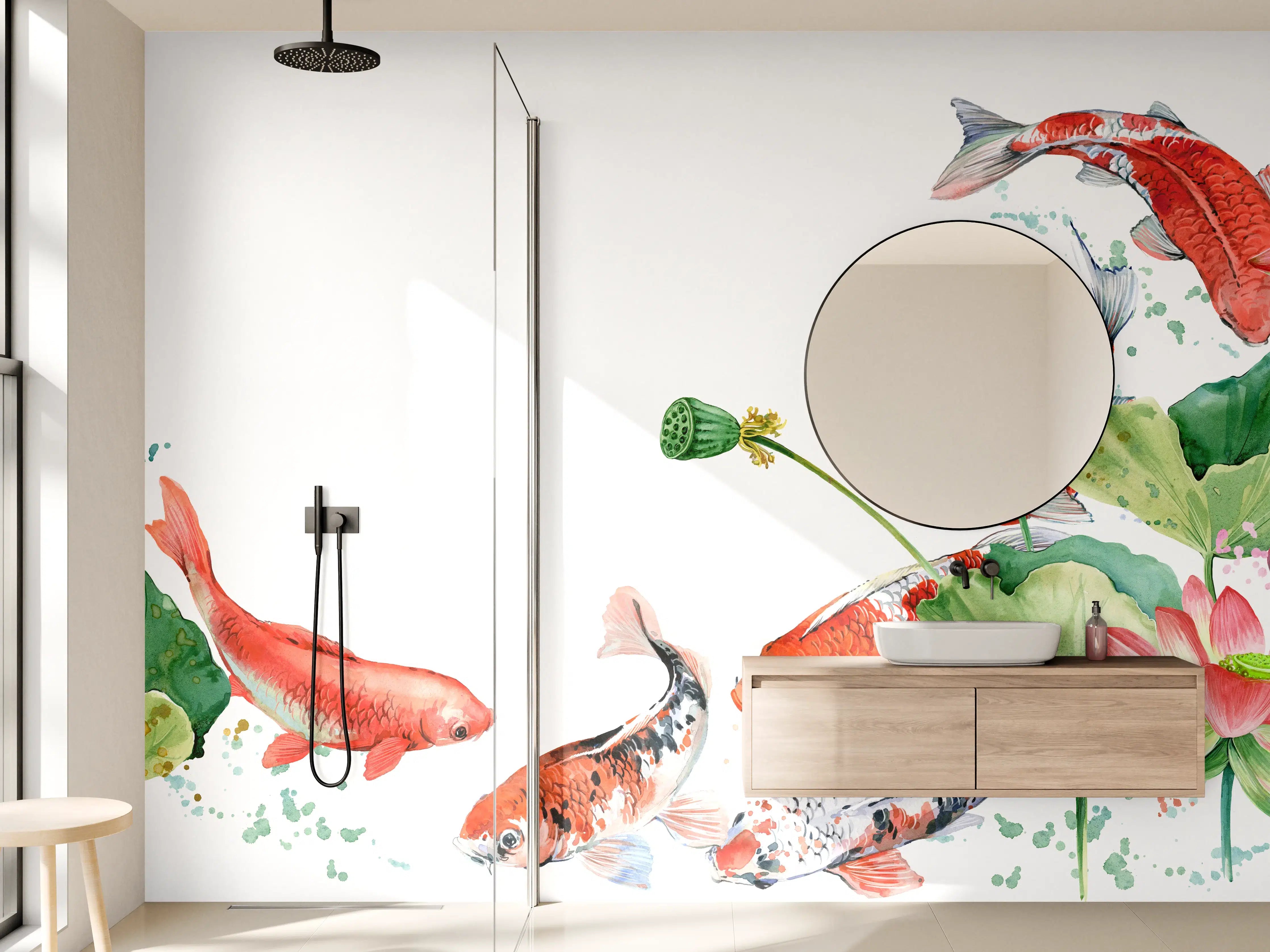Wandverkleidung Bad - Aquarell Koi Karpfen und Lotusblume