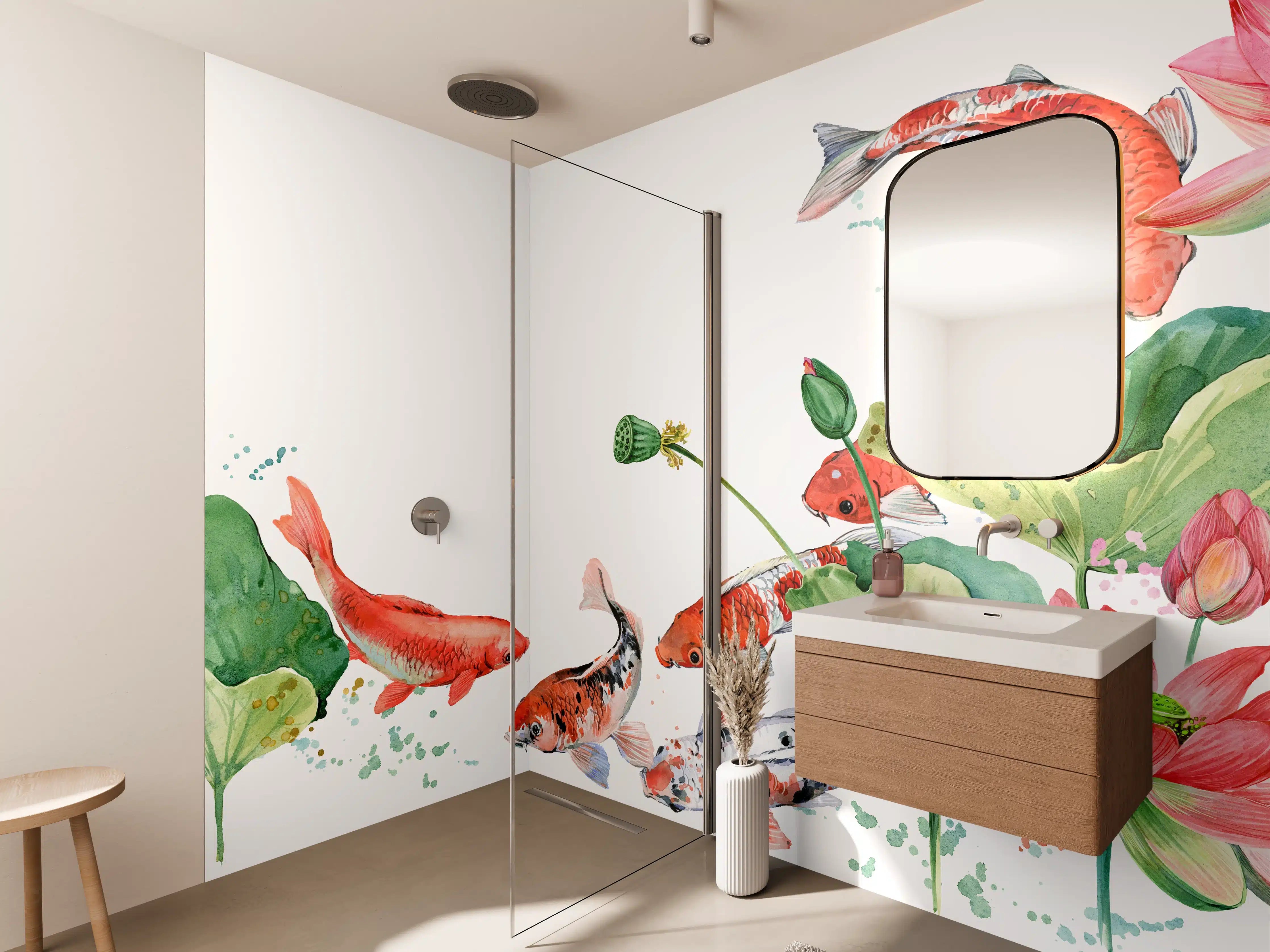 Wandverkleidung Bad - Aquarell Koi Karpfen und Lotusblume