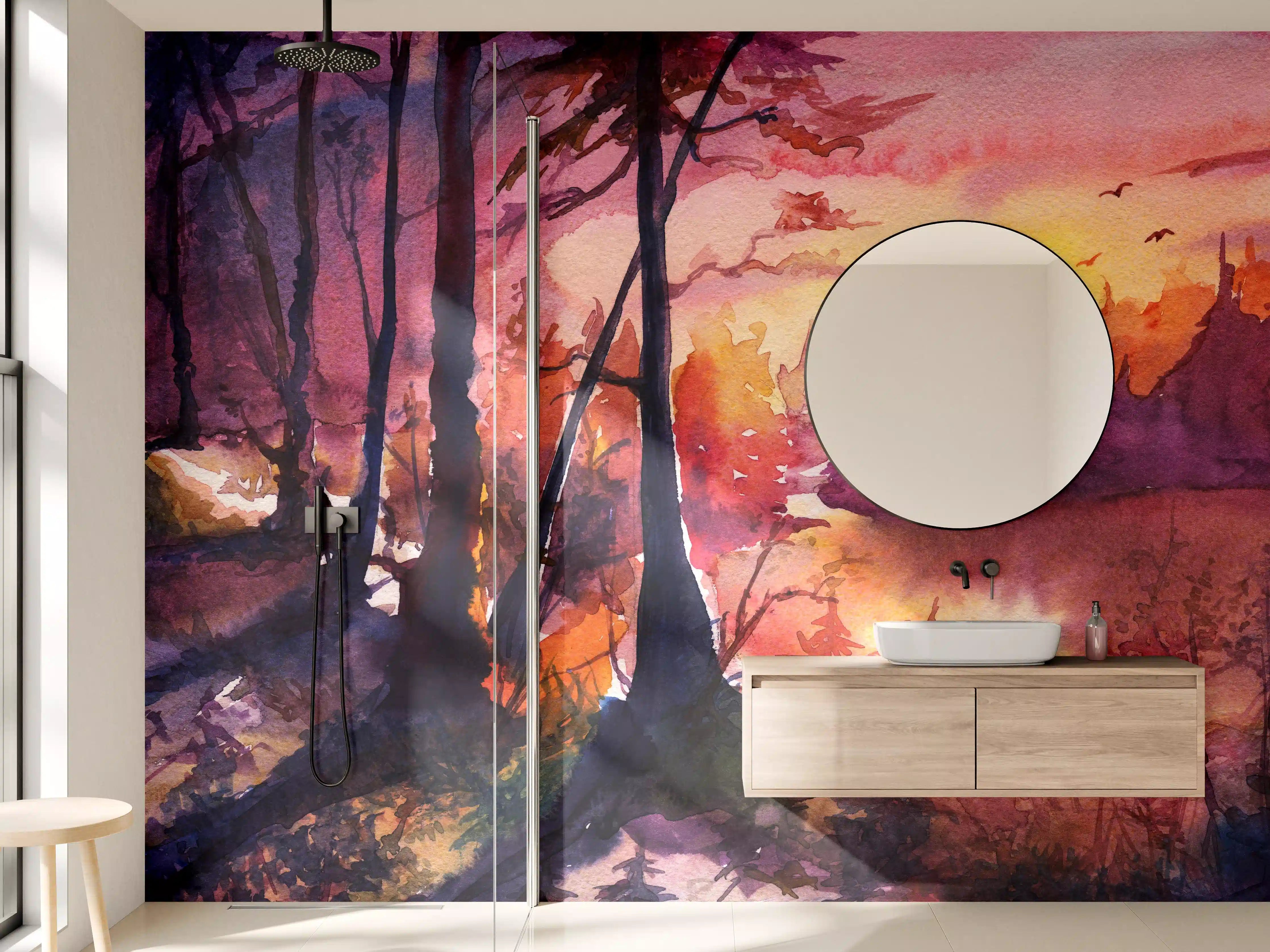 Wandverkleidung Bad - Aquarell Waldlandschaft Malerei