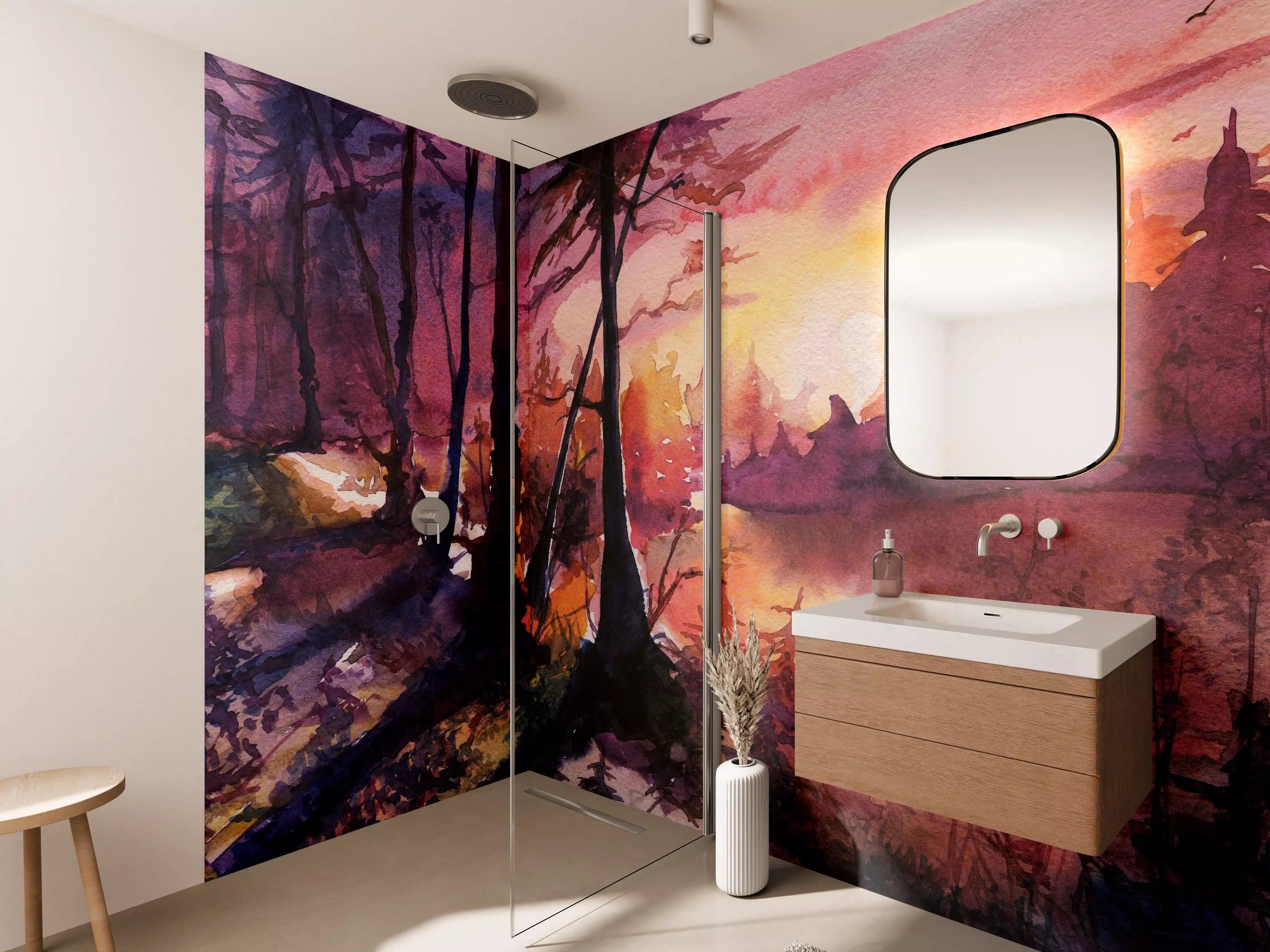 Wandverkleidung Bad - Aquarell Waldlandschaft Malerei